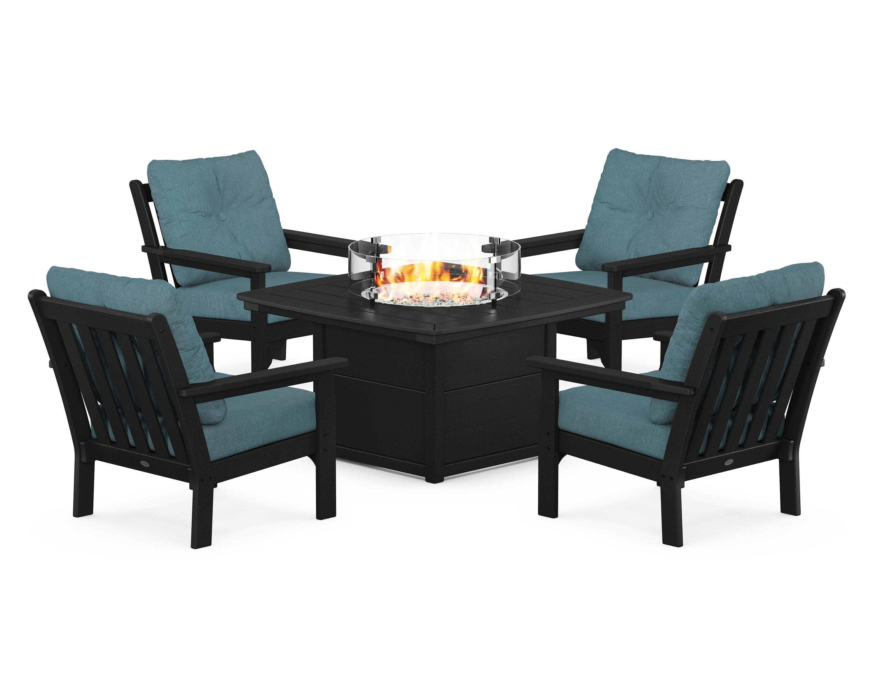 Vineyard 5-Piece Conversation Set with Fire Pit Table in Black / Ocean Teal