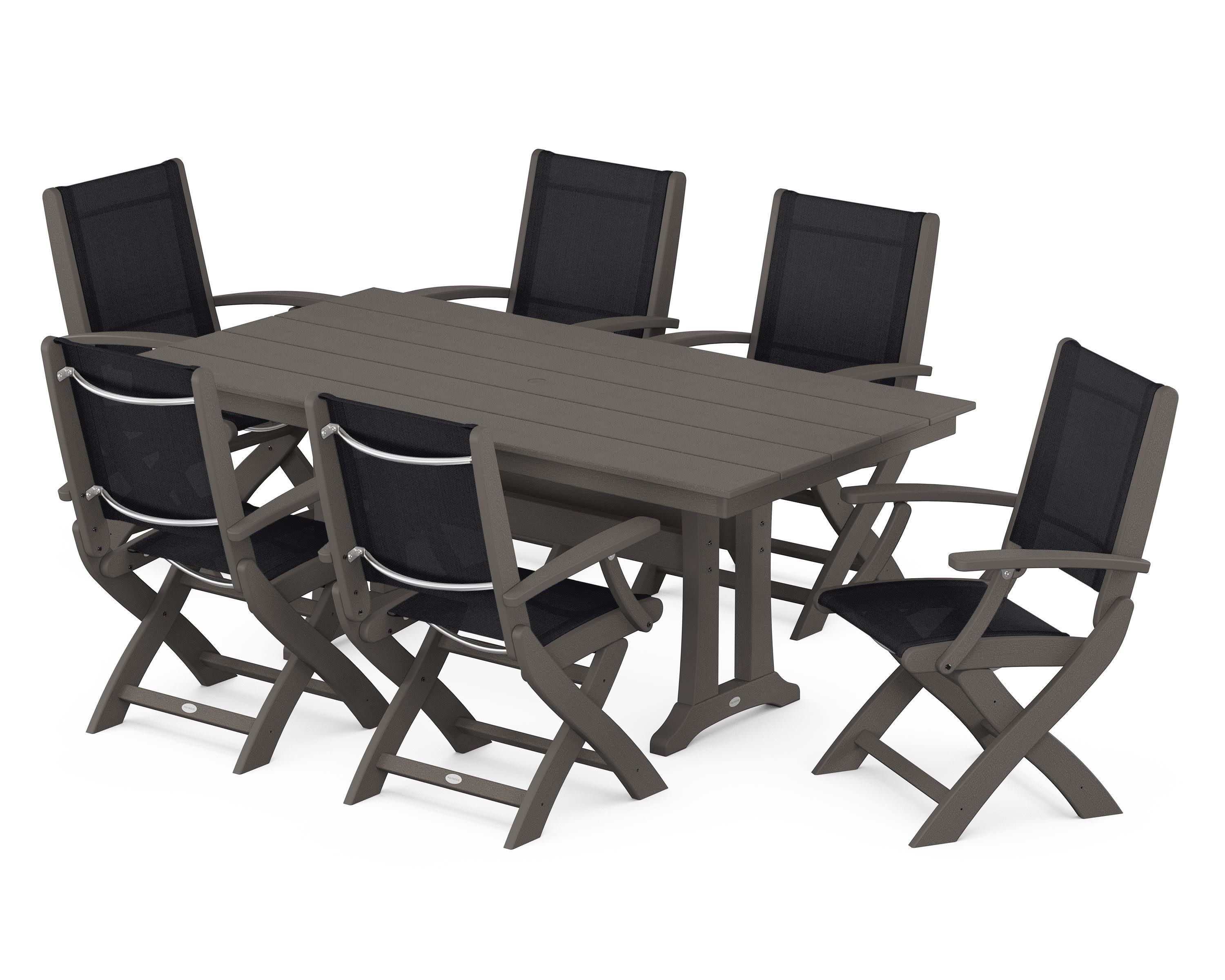 Coastal Folding Arm Chair 7-Piece Farmhouse Dining Set with Trestle Legs in Vintage Coffee / Black Sling