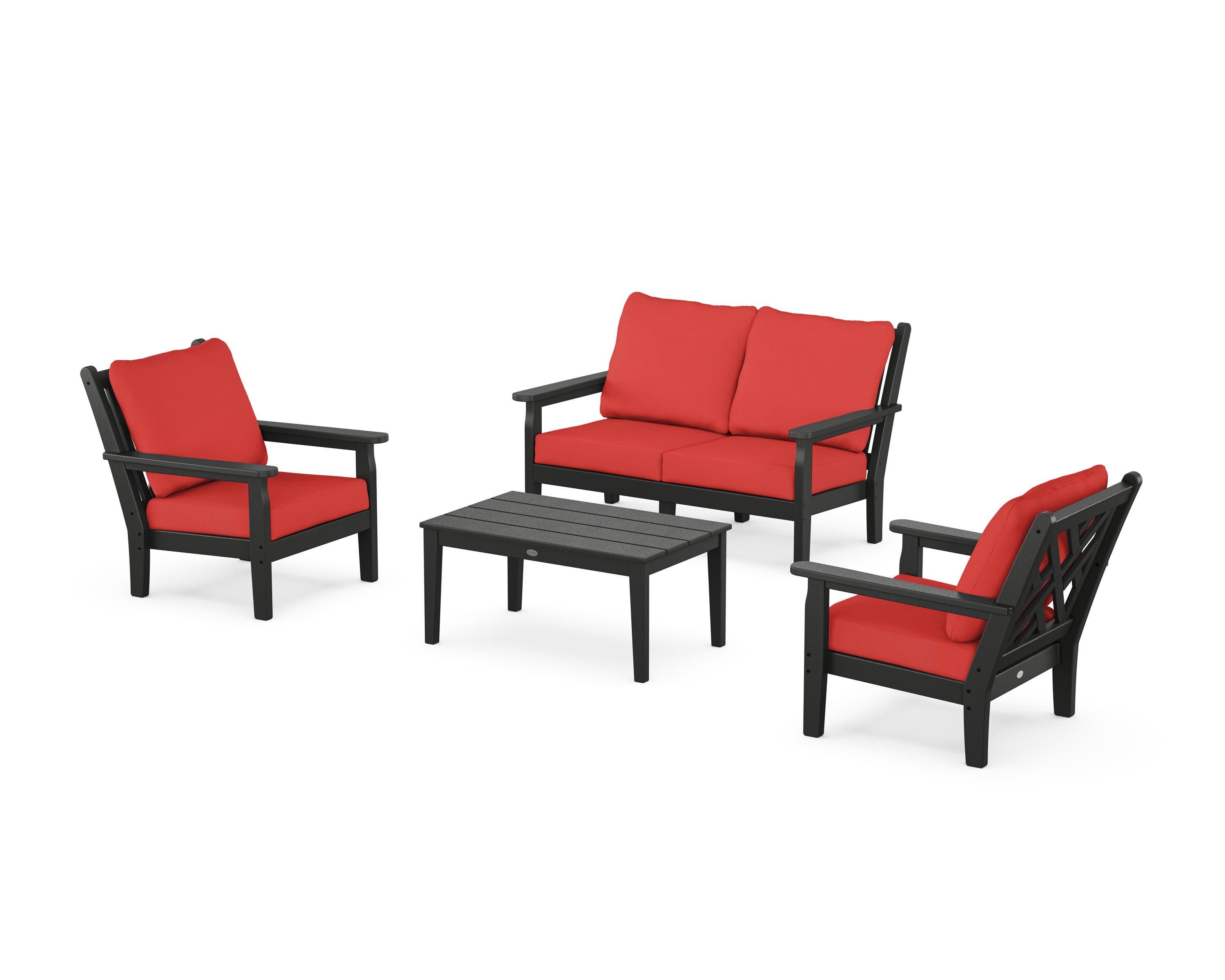 Chippendale 4-Piece Deep Seating Set with Loveseat in Black / Crimson Linen