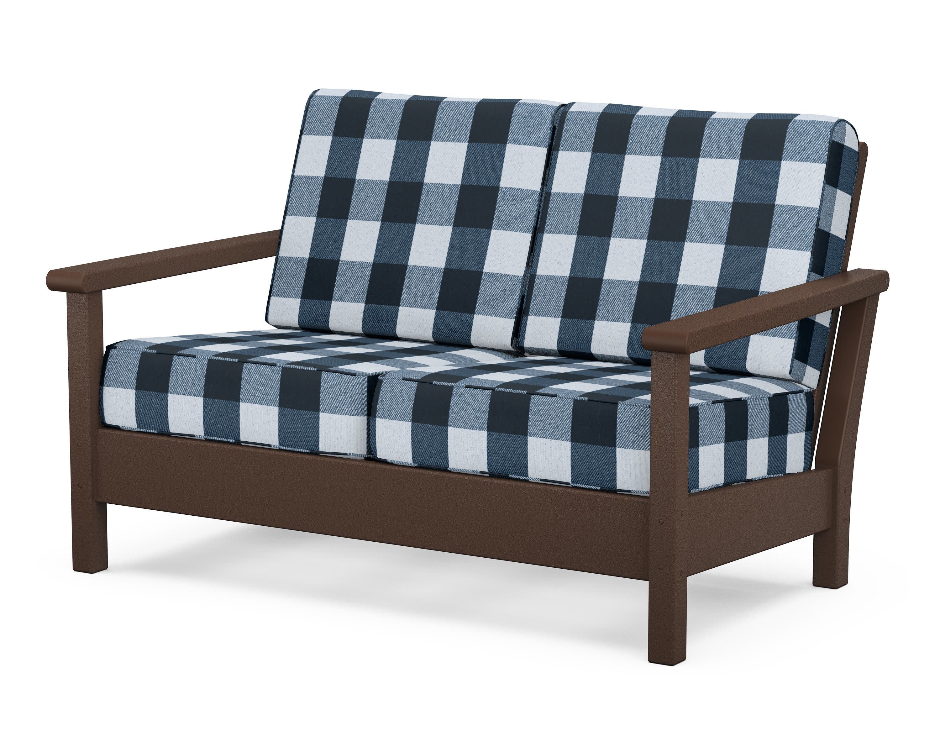 Harbour Deep Seating Loveseat in Mahogany / Buffalo Plaid Marine Indigo