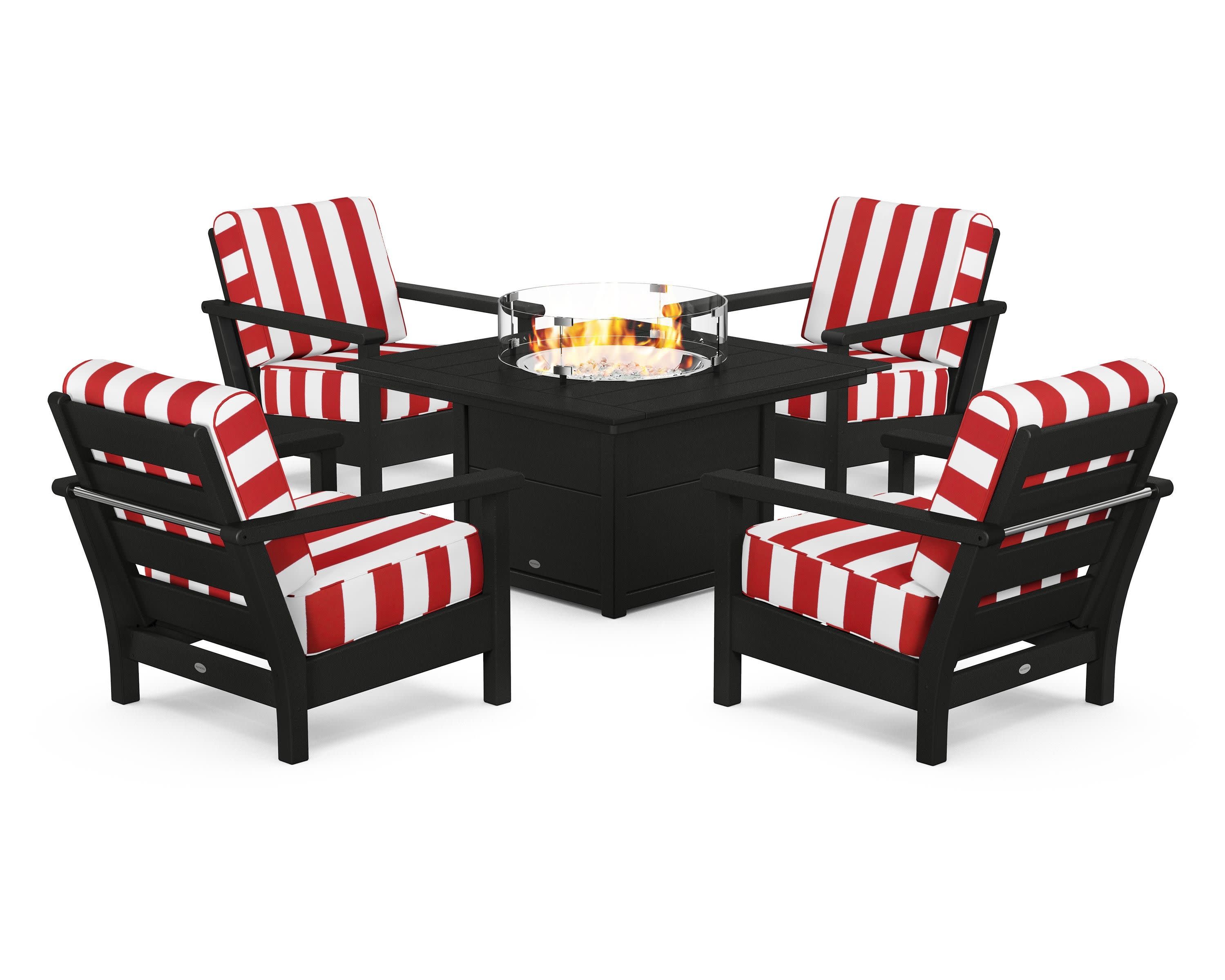 Harbour 5-Piece Conversation Set with Fire Pit Table in Black / Cabana Stripe Crimson
