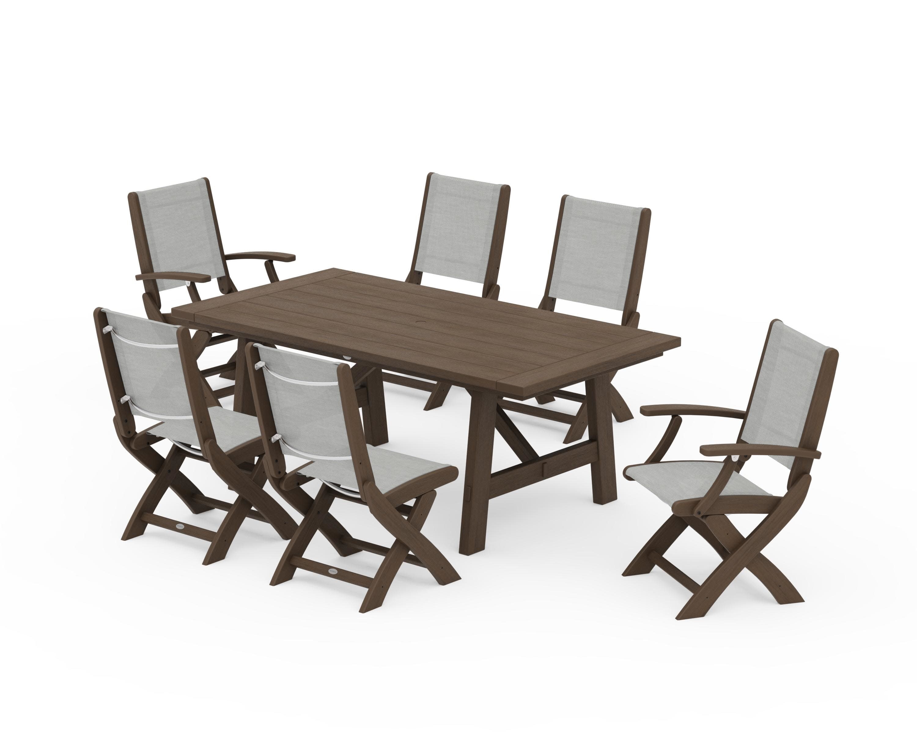 Coastal Folding Chair 7-Piece Rustic Farmhouse Dining Set in Kona / Metallic Sling
