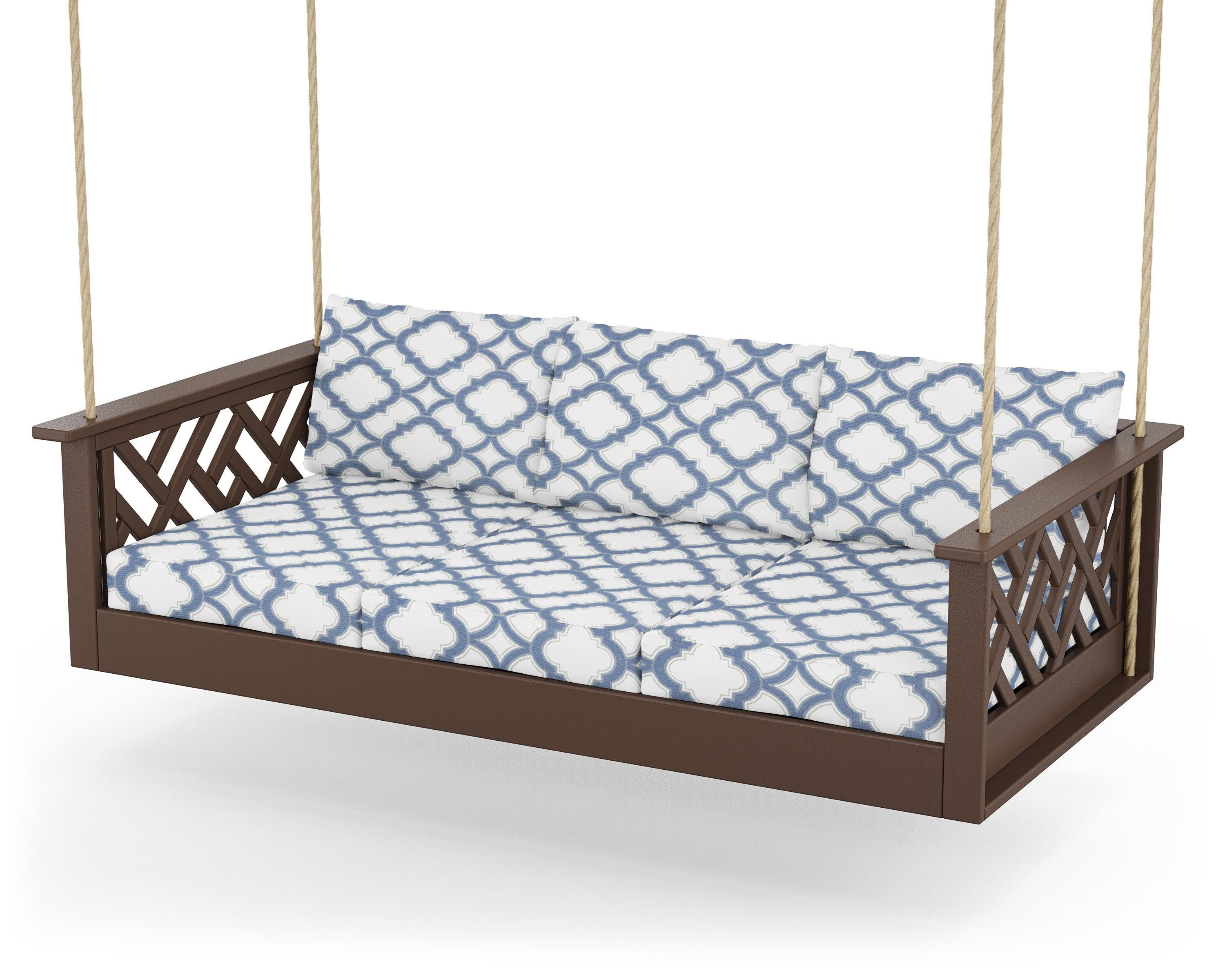 Chippendale Daybed Swing in Mahogany / Trellis Sky Blue