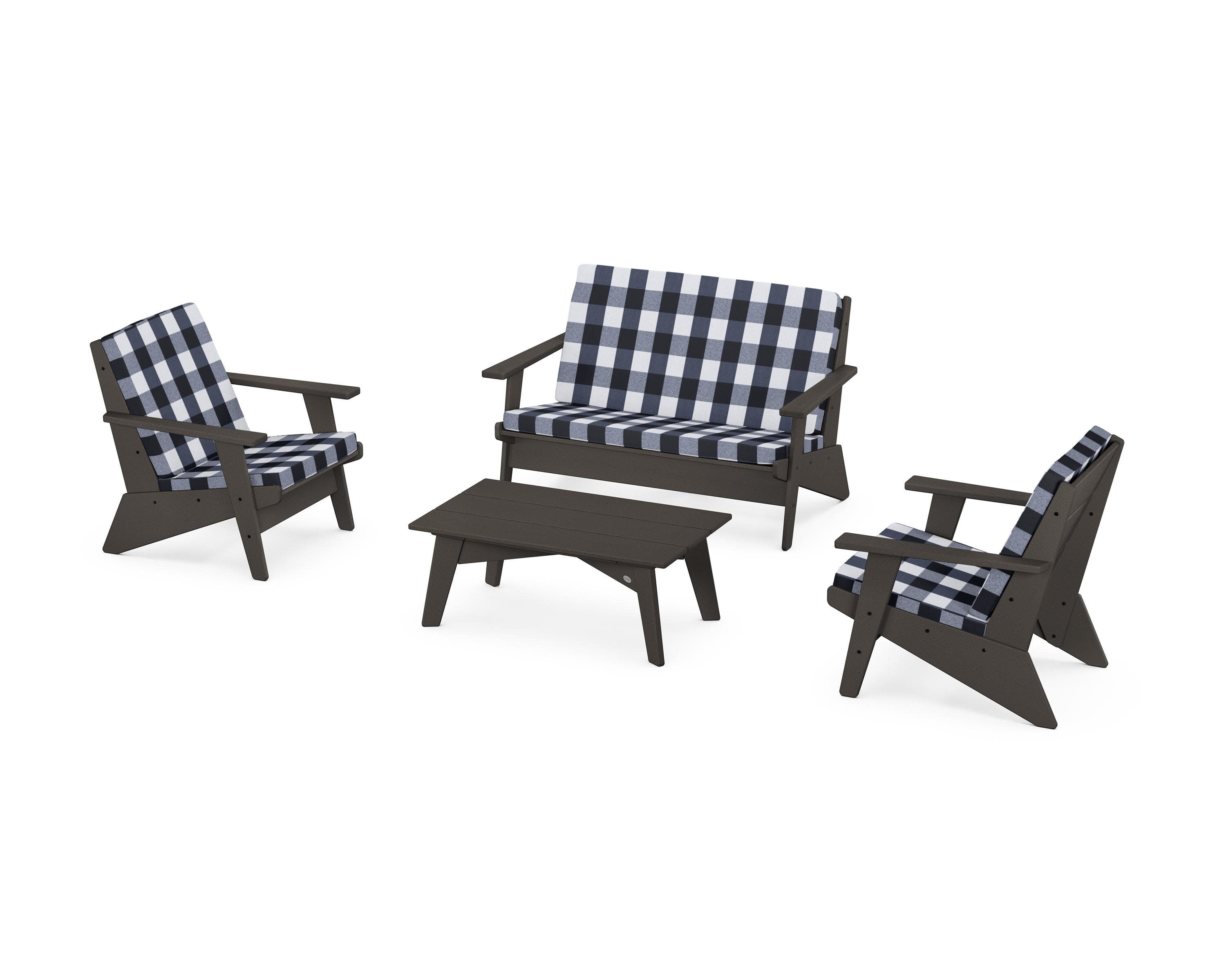 Riviera Modern Lounge 4-Piece Set in Vintage Coffee / Buffalo Plaid Marine Indigo