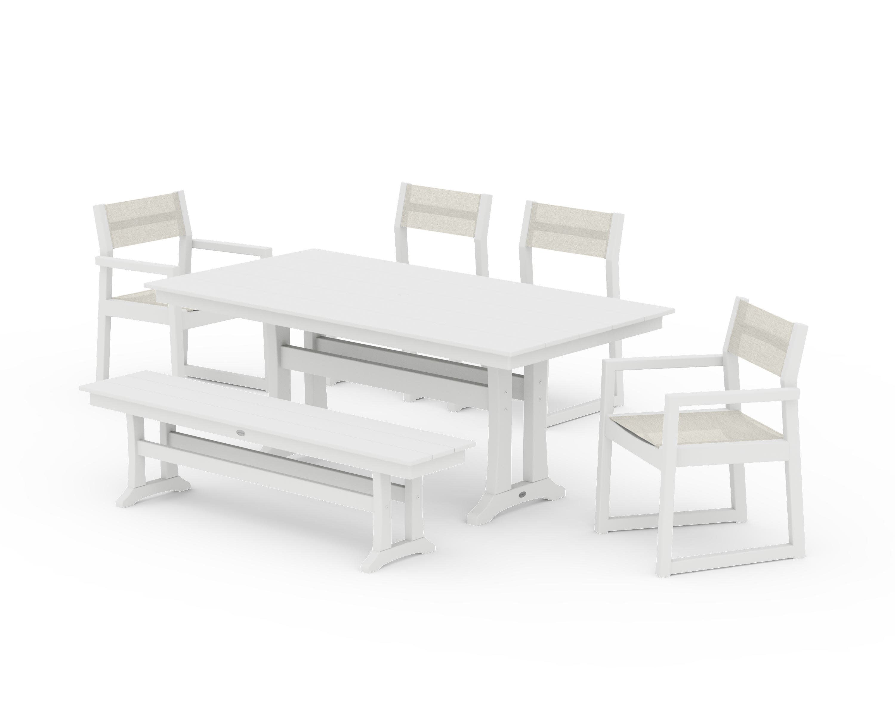 EDGE Sling 6-Piece Farmhouse Dining Set With Trestle Legs in White / Parchment Sling