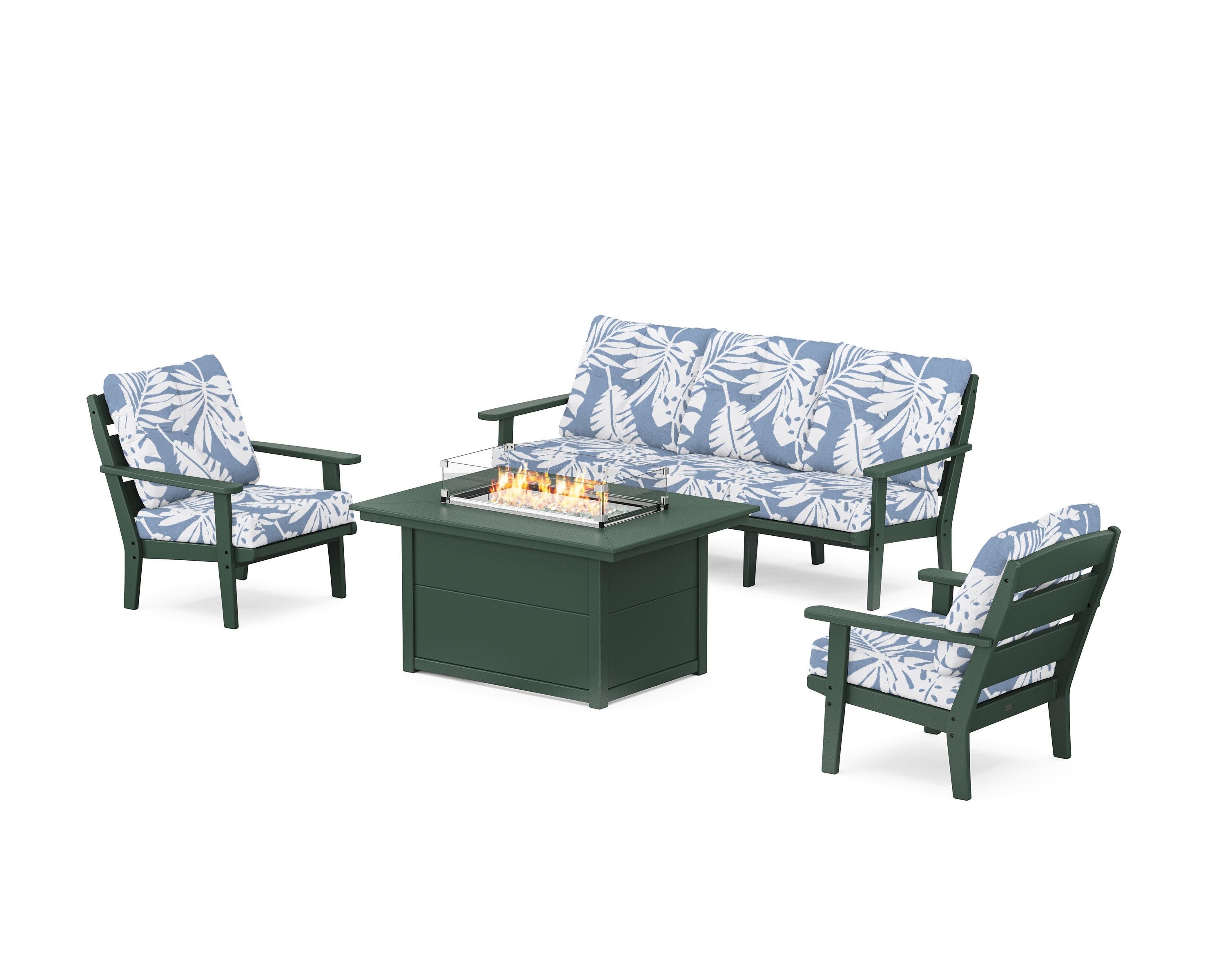 Lakeside Deep Seating Fire Pit Table Set in Green / Leaf Sky Blue