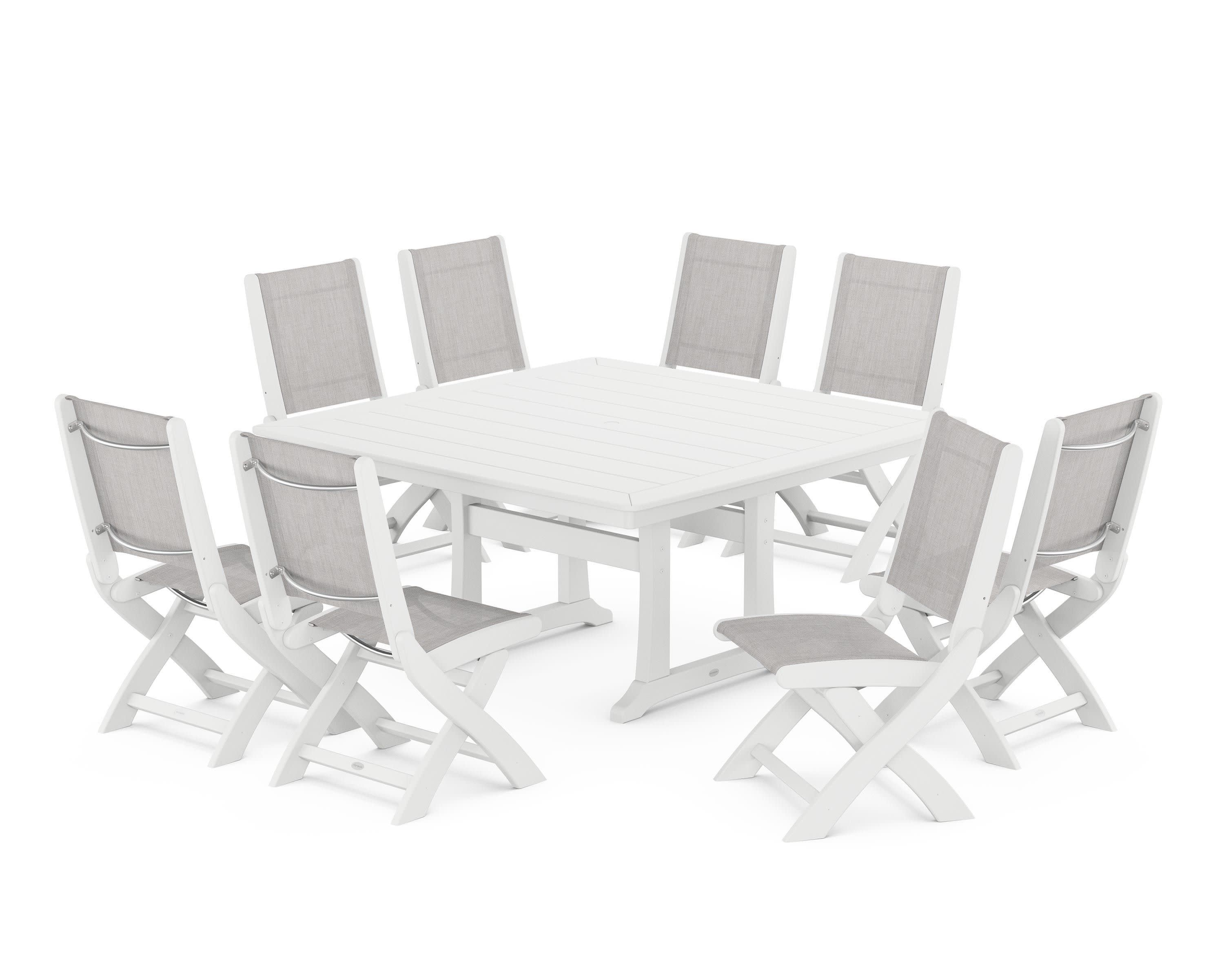 Coastal Folding Side Chair 9-Piece Dining Set with Trestle Legs in White / Parchment Sling