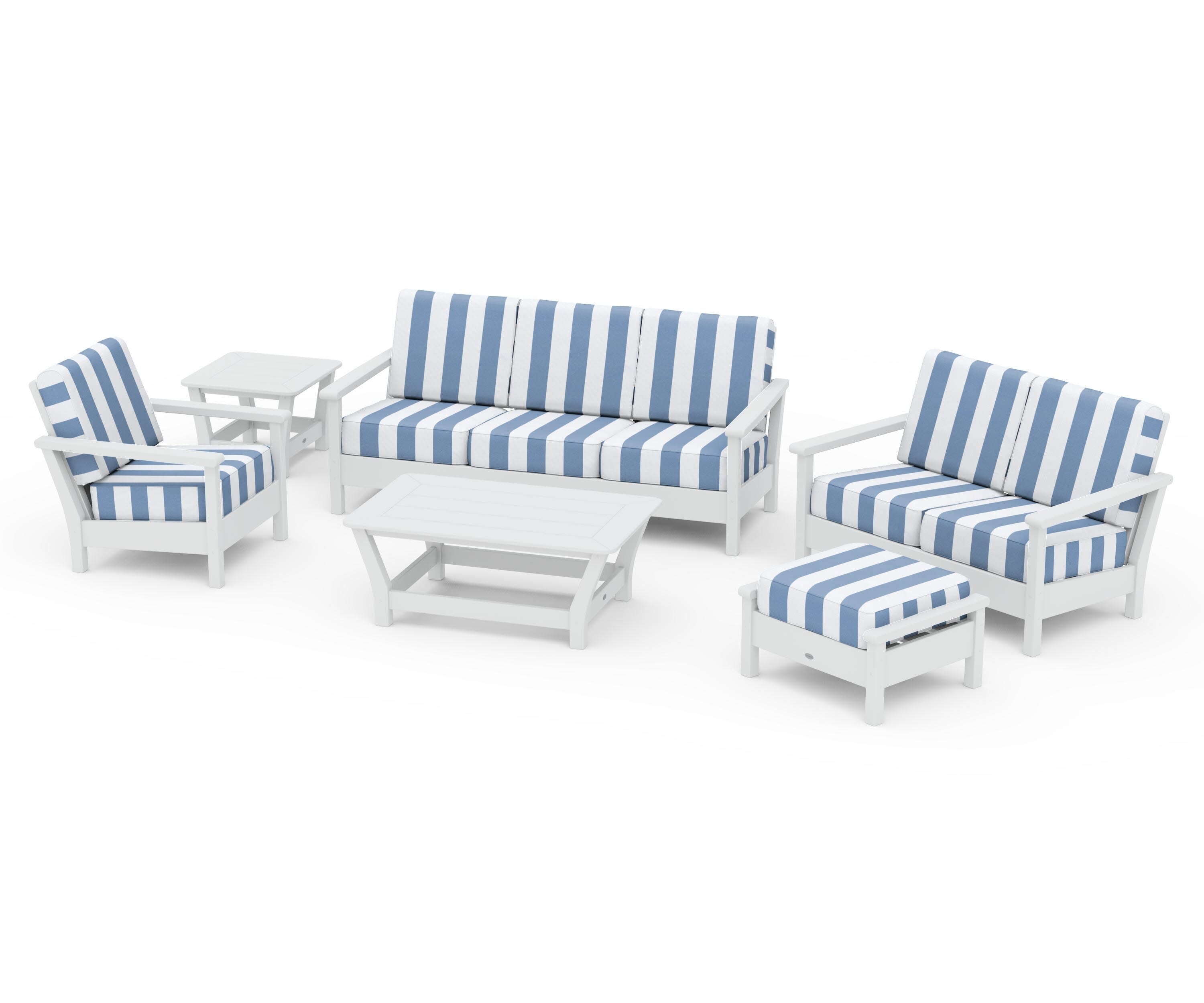 Harbour 6-Piece Outdoor Living Set in White / Cabana Stripe Sky Blue