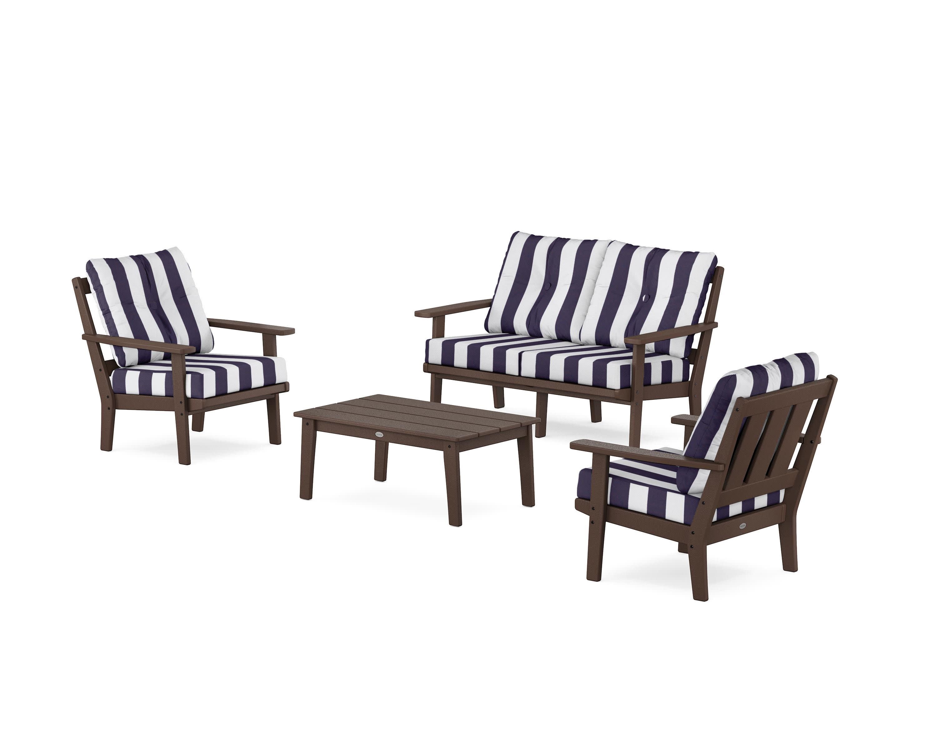 Oxford 4-Piece Deep Seating Set with Loveseat in Mahogany / Cabana Stripe Navy