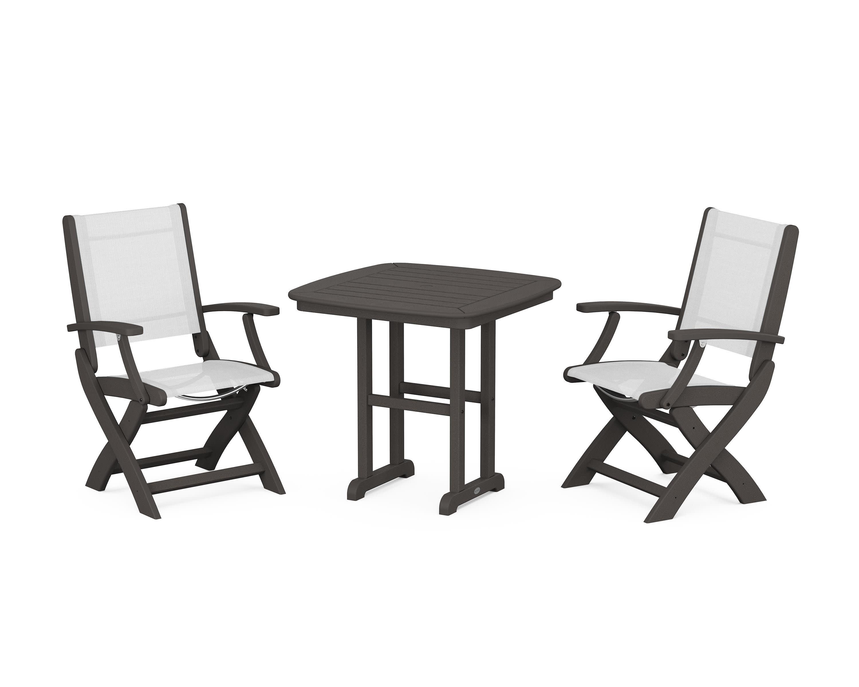 Coastal Folding Chair 3-Piece Dining Set in Vintage Coffee / White Sling