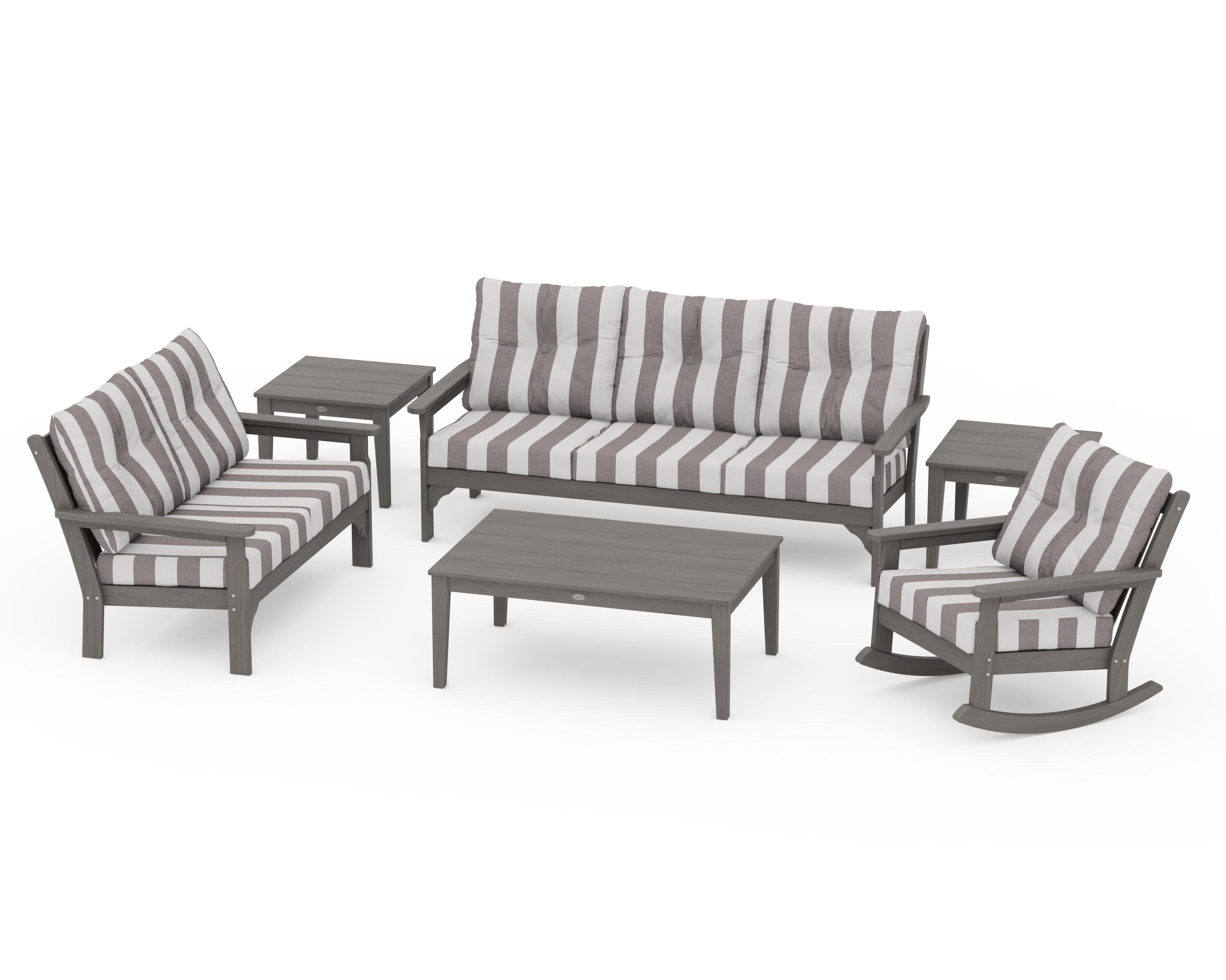 Vineyard 6-Piece Deep Seating Set in Driftwood / Cabana Stripe Grey Mist