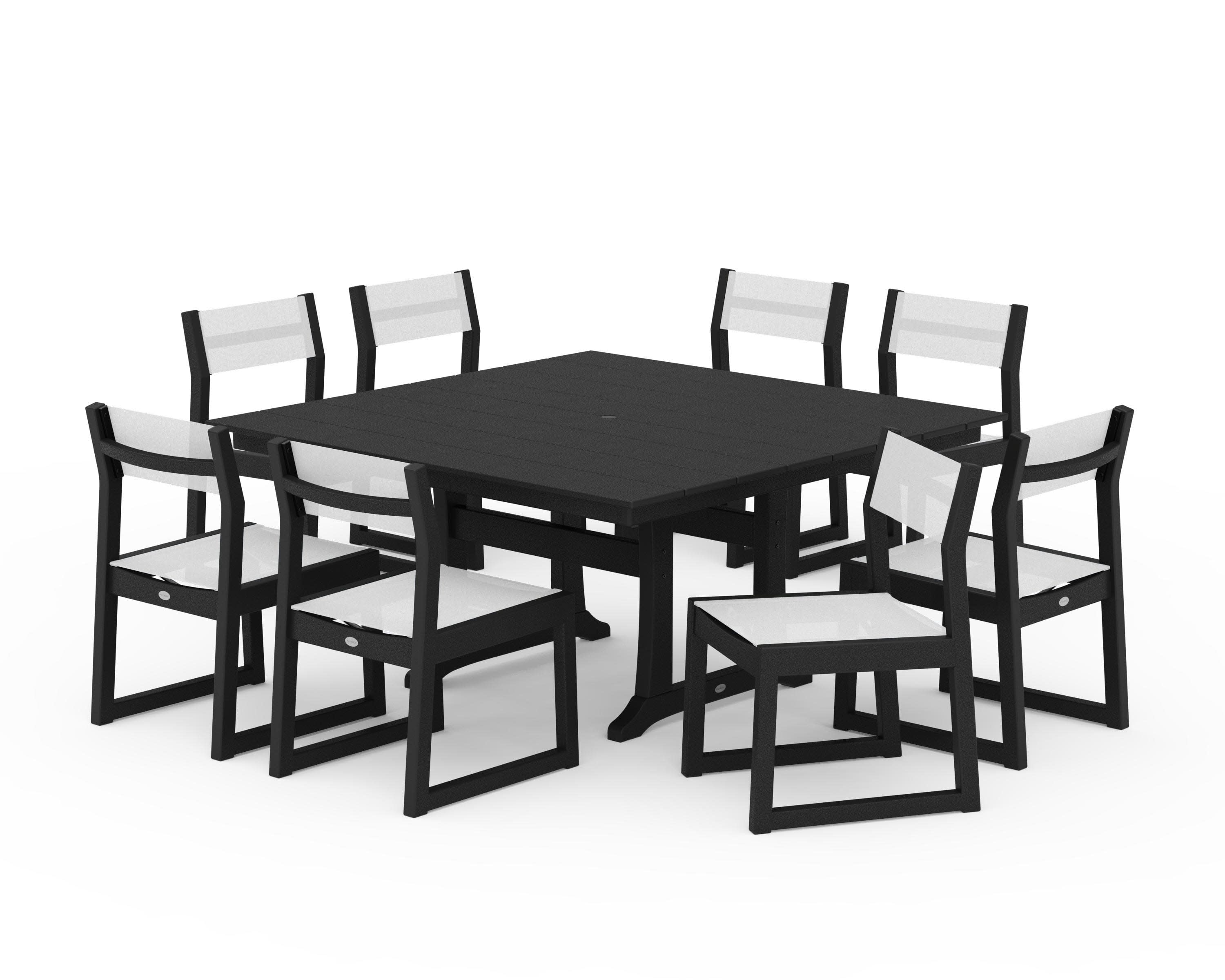 EDGE Sling Side Chair 9-Piece Farmhouse Trestle Dining Set in Black / White Sling