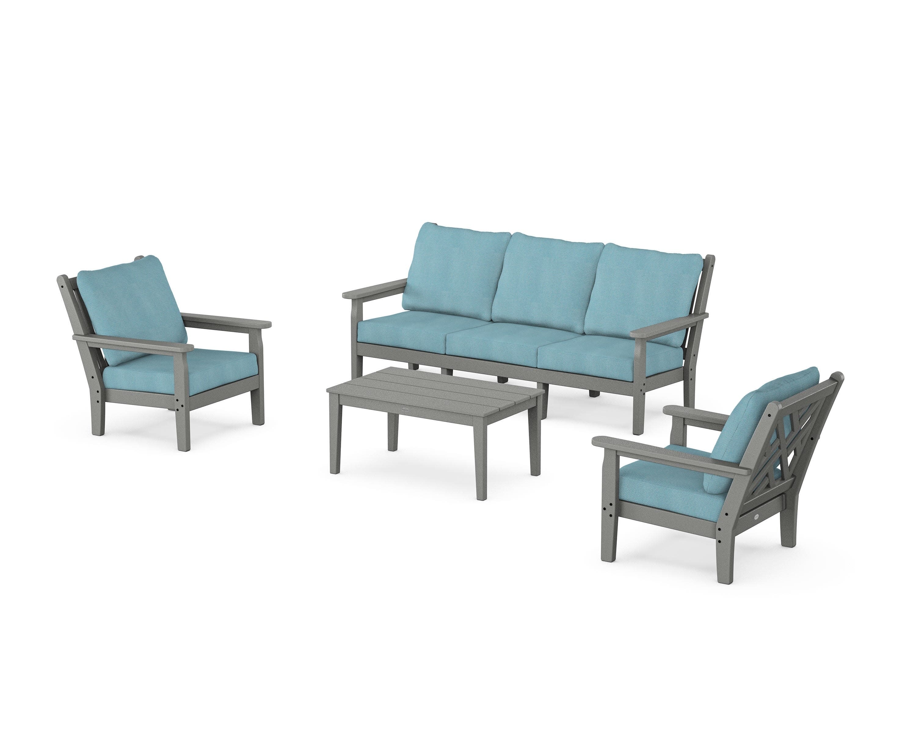 Chippendale 4-Piece Deep Seating Set with Sofa in Slate Grey / Lattice Sky Blue