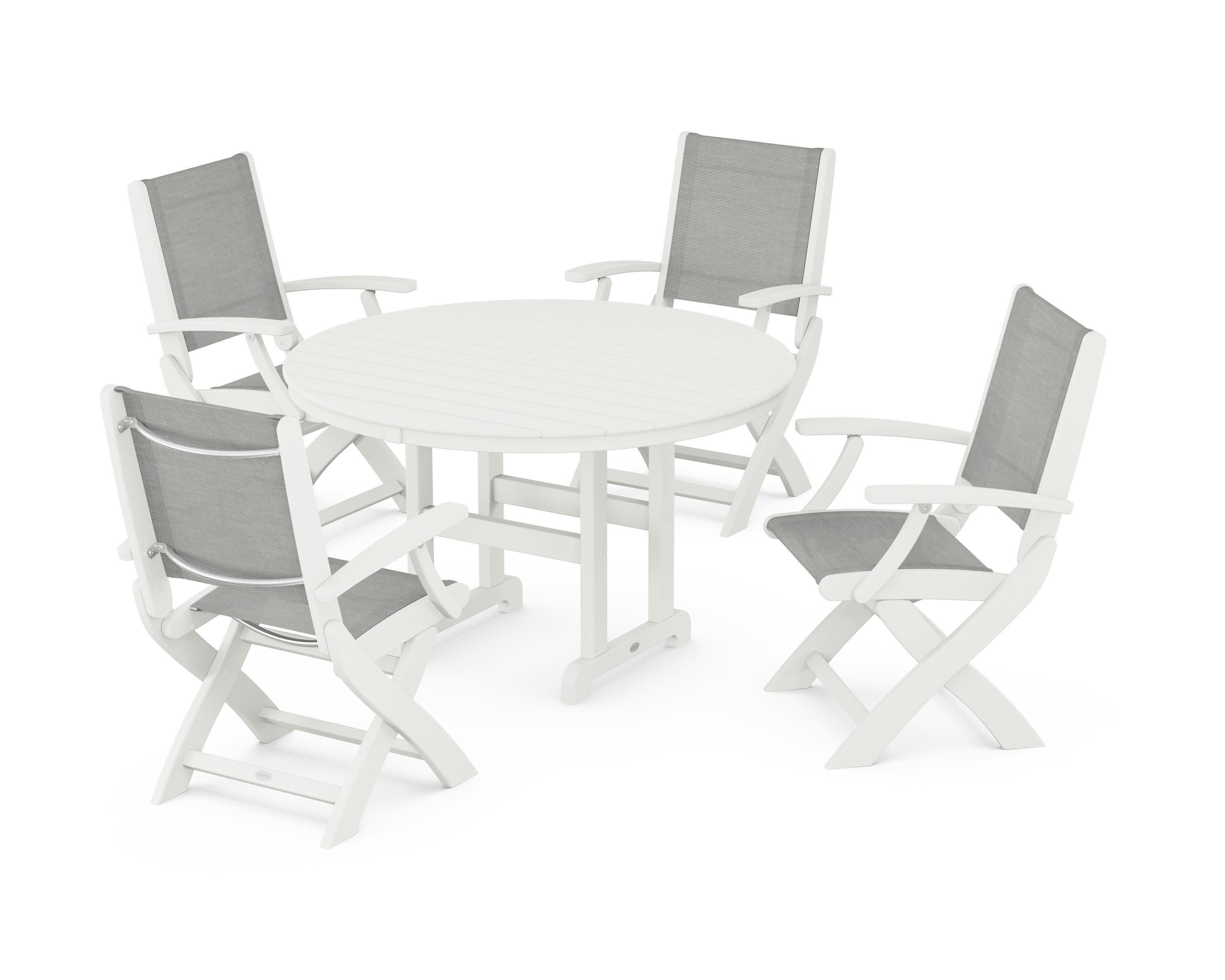 Coastal Folding Chair 5-Piece Round Dining Set in Vintage White / Metallic Sling