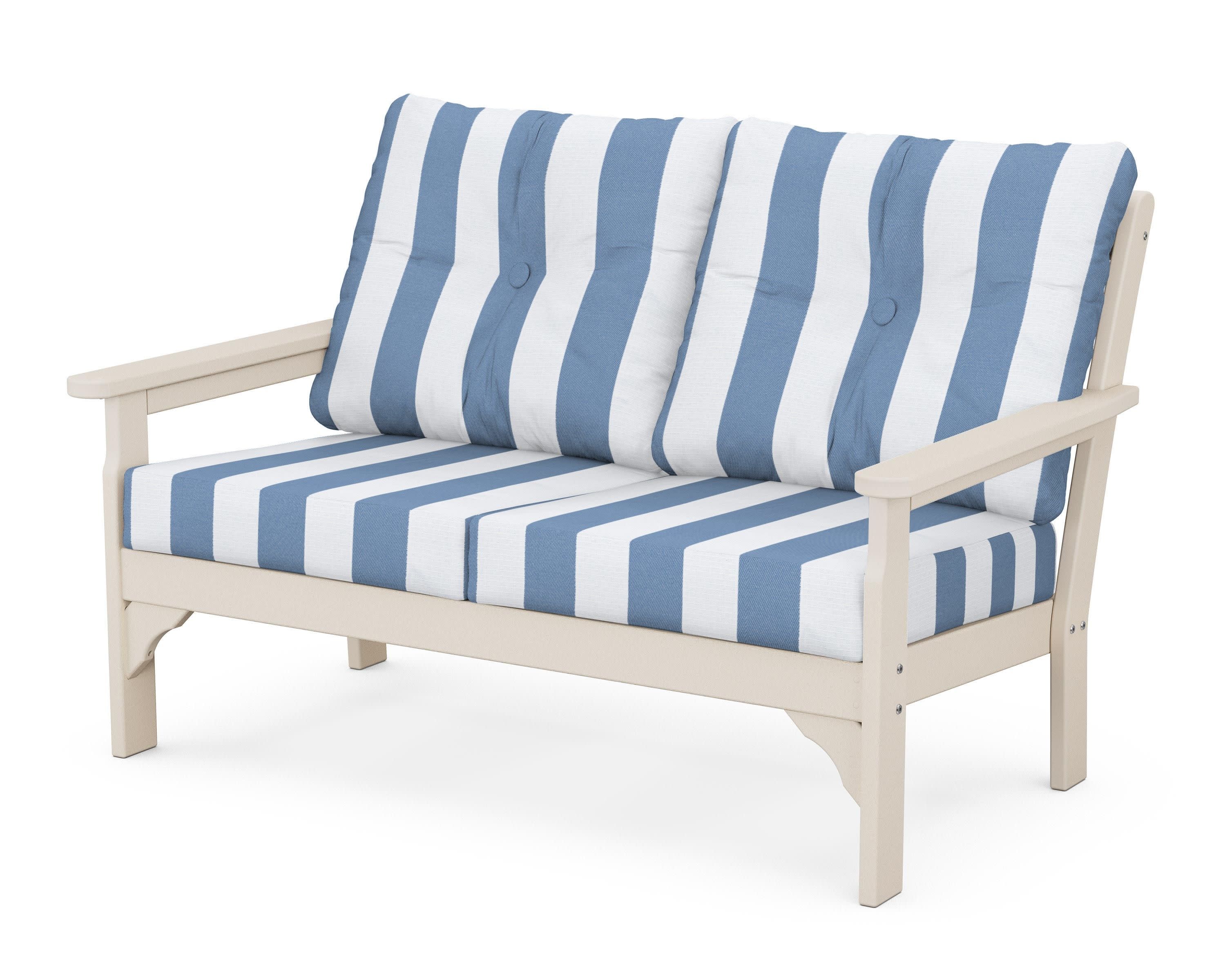 Vineyard Deep Seating Loveseat in Sand / Cabana Stripe Sky Blue