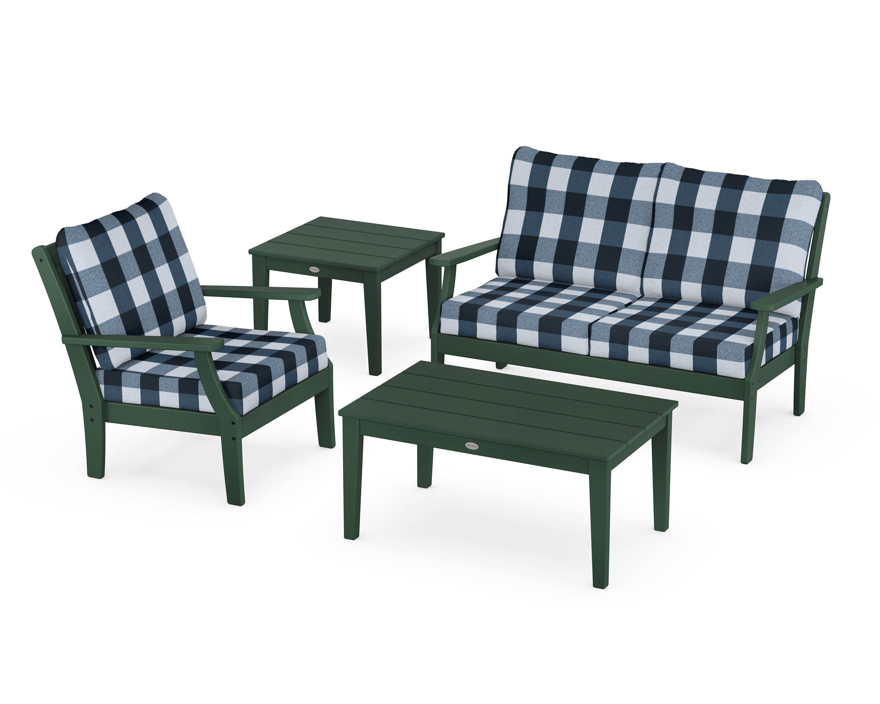 Braxton 4-Piece Deep Seating Set in Green / Buffalo Plaid Marine Indigo