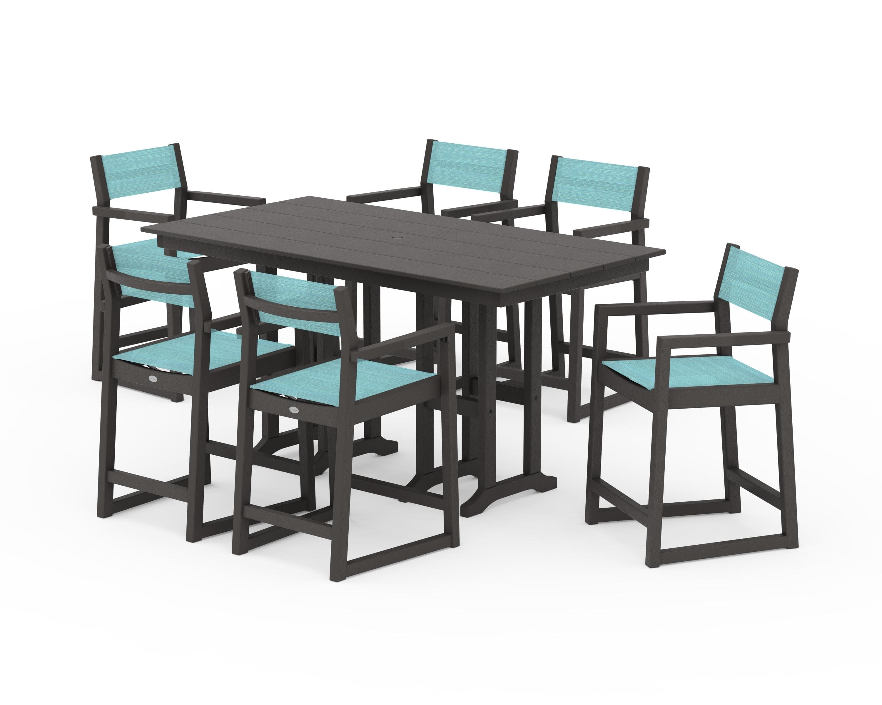 EDGE Sling Arm Chair 7-Piece Farmhouse Counter Set in Vintage Coffee / Dupioni Aquamarine Sling