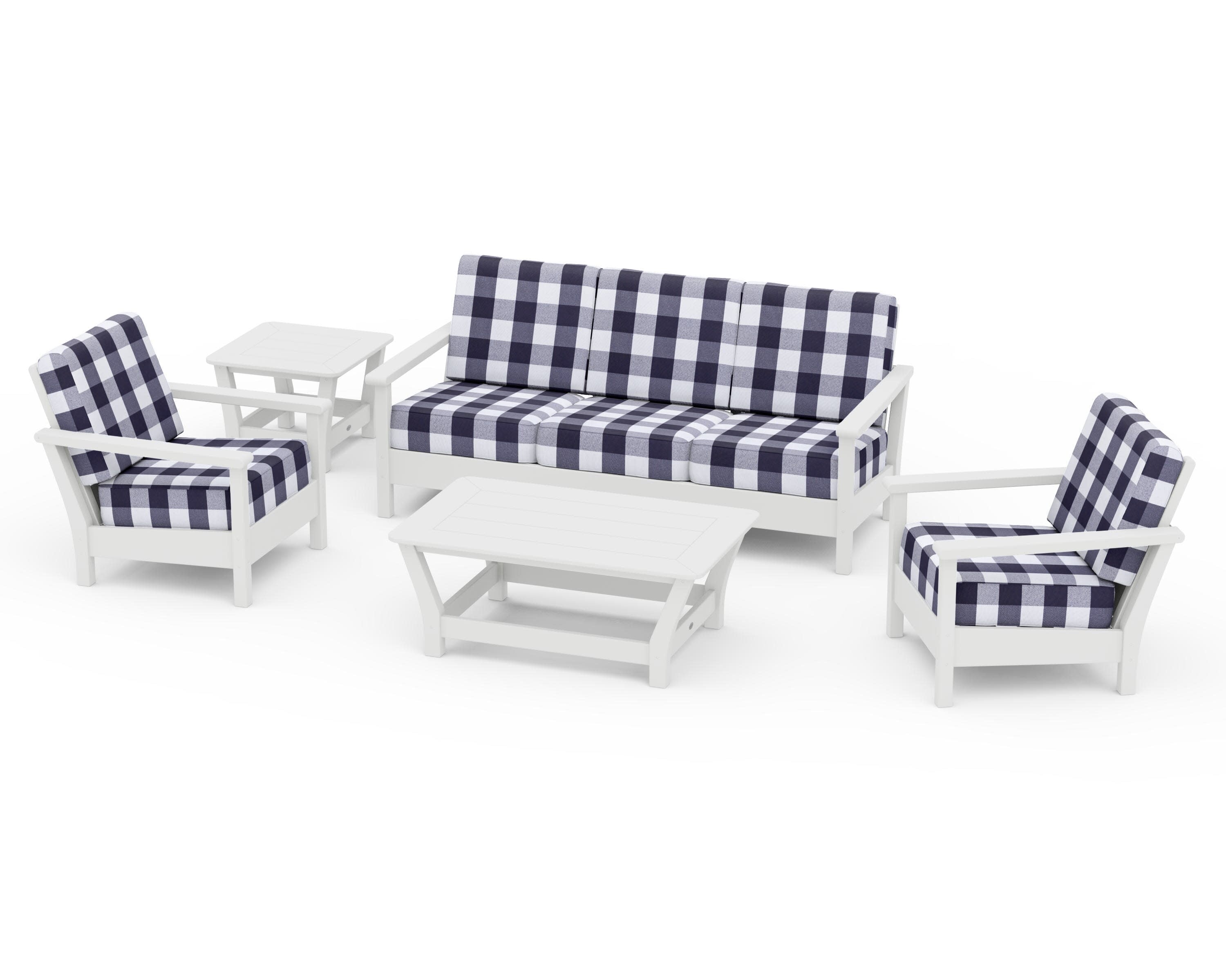 Harbour 5-Piece Deep Seating Set in White / Buffalo Plaid Navy