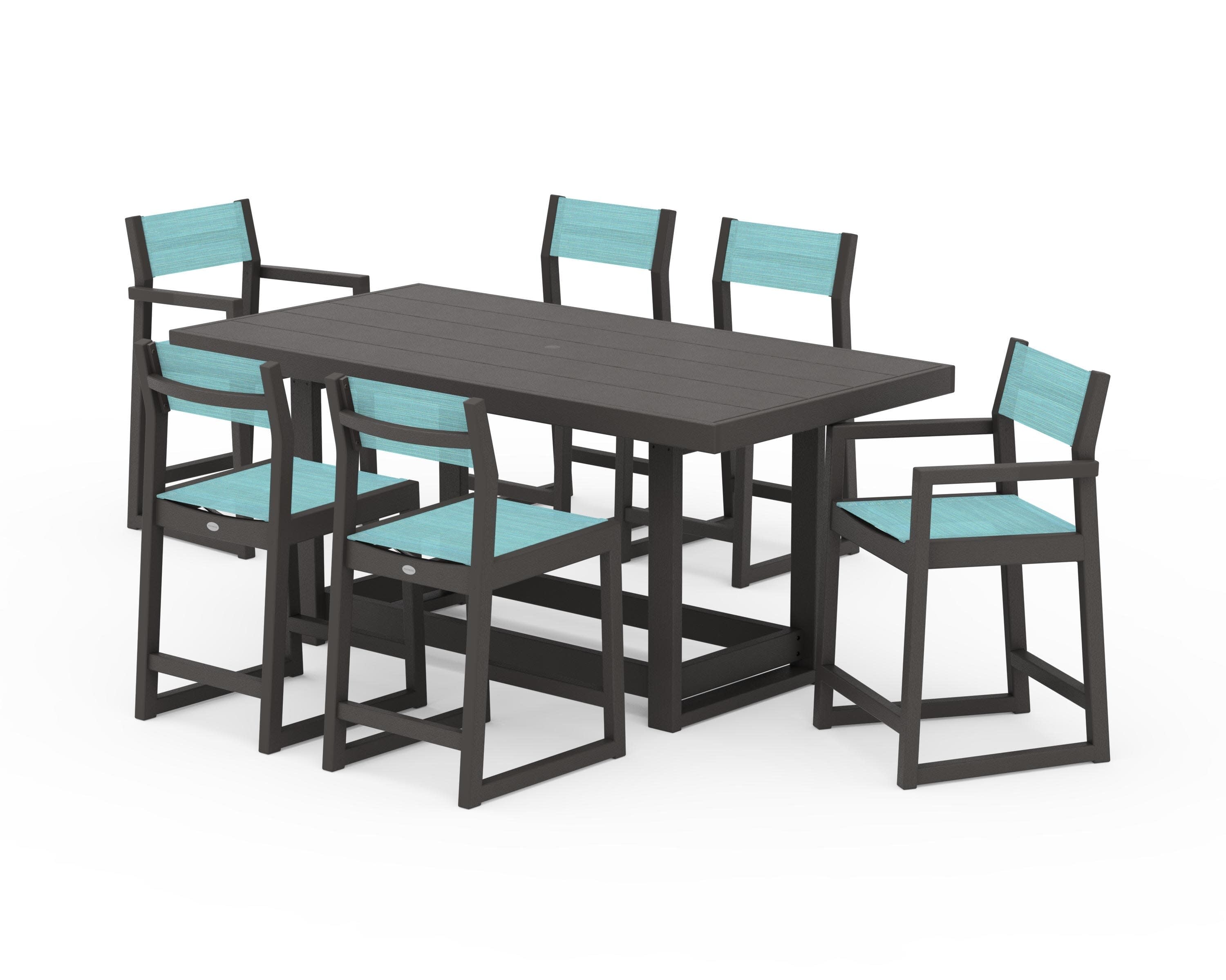 EDGE Sling 7-Piece Counter Table Set in Vintage Coffee / Dupioni Aquamarine Sling