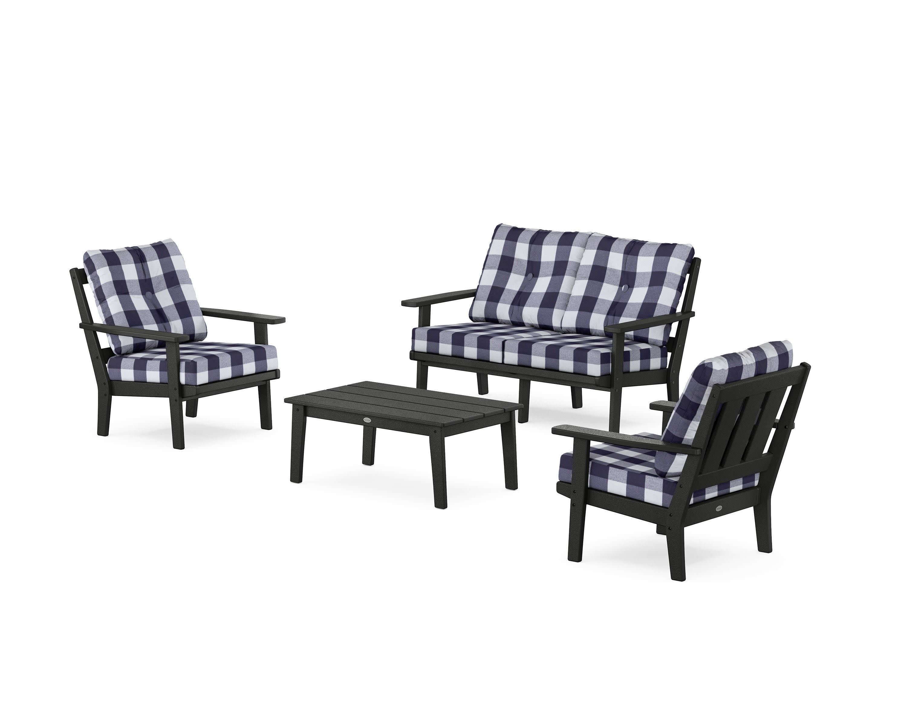 Oxford 4-Piece Deep Seating Set with Loveseat in Black / Buffalo Plaid Navy
