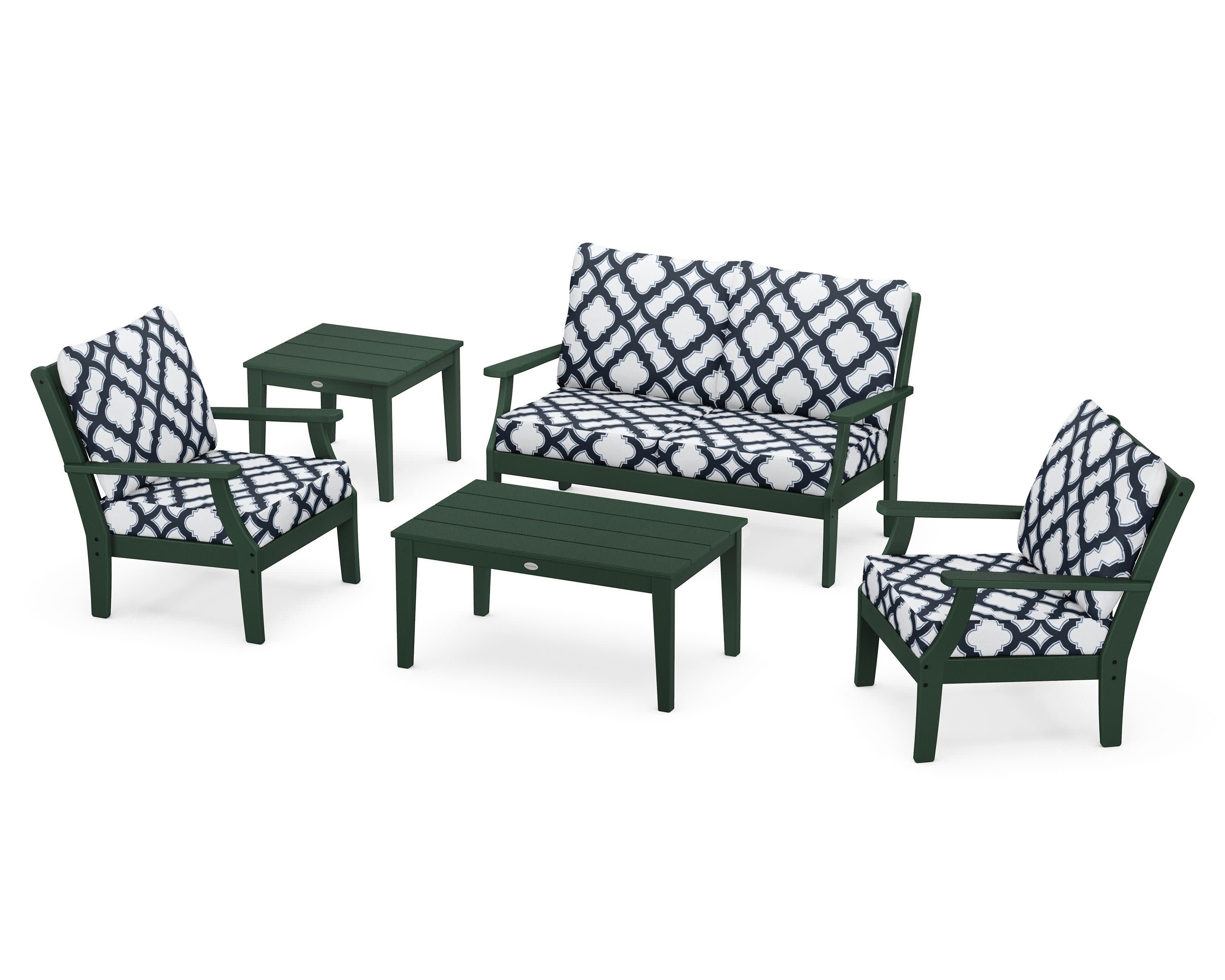 Braxton 5-Piece Deep Seating Set in Green / Trellis Marine Indigo