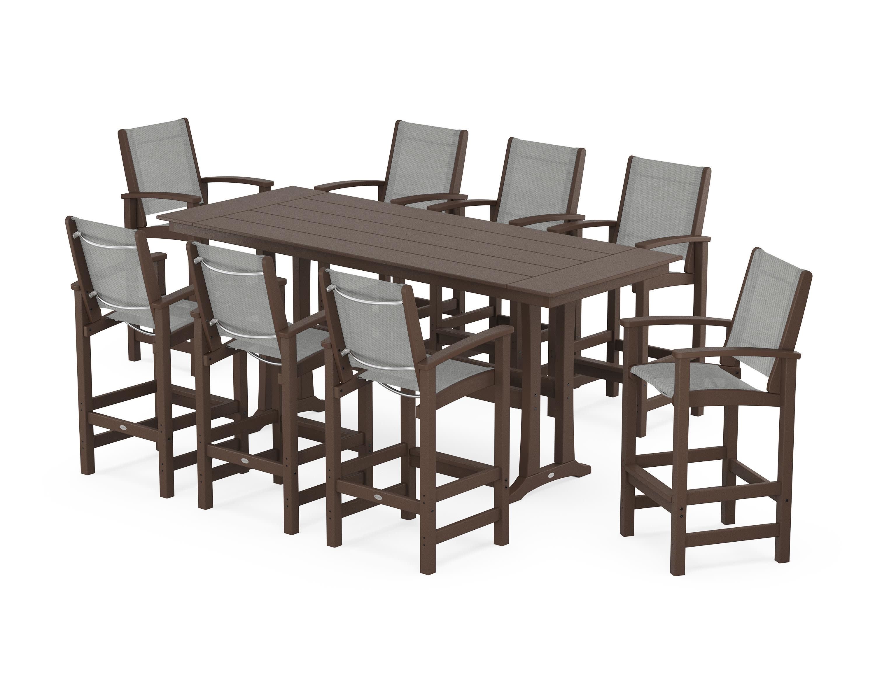 Coastal 9-Piece Farmhouse Bar Set with Trestle Legs in Mahogany / Metallic Sling
