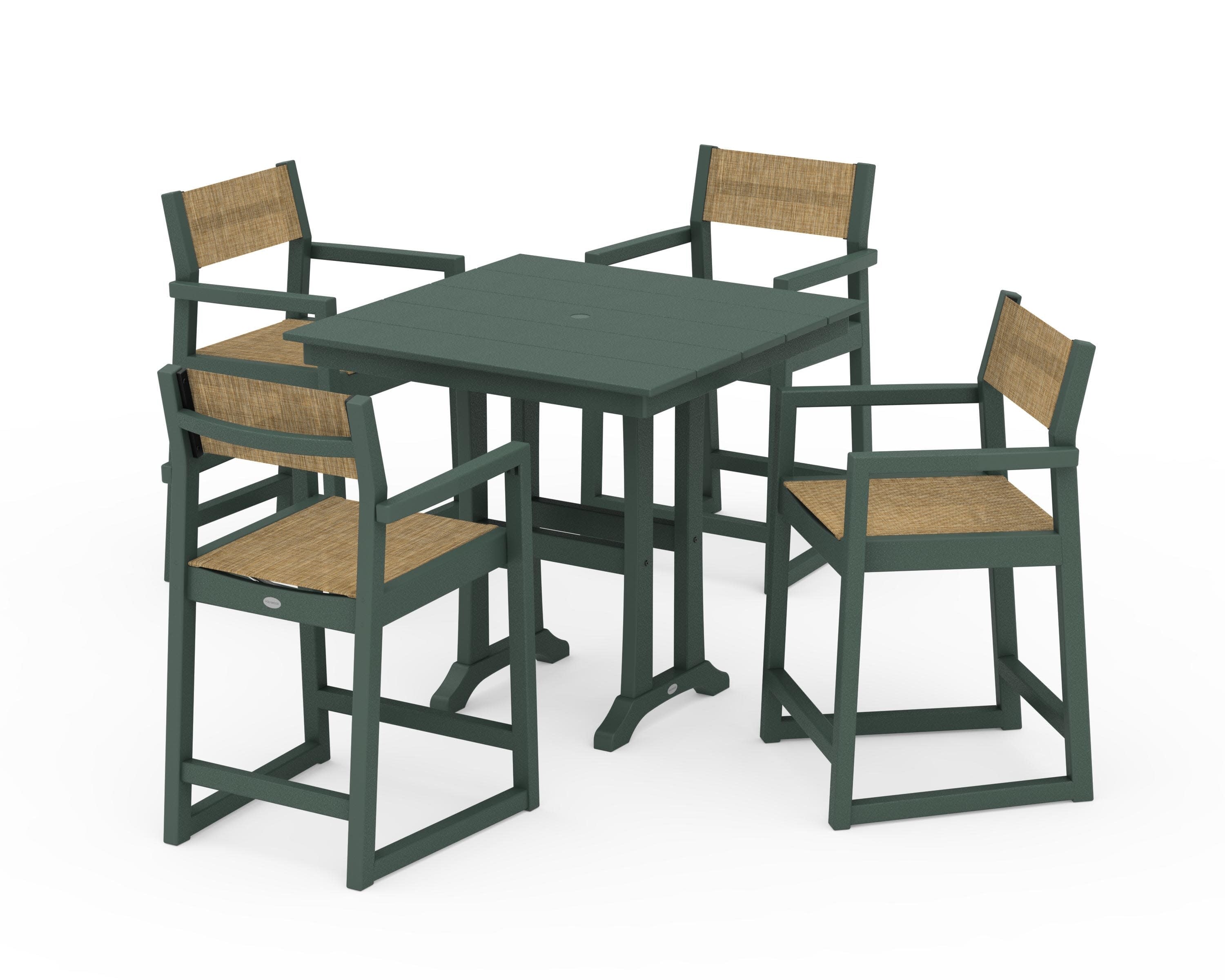 EDGE Sling Arm Chair 5-Piece Farmhouse Counter Set with Trestle Legs in Green / Burlap Sling