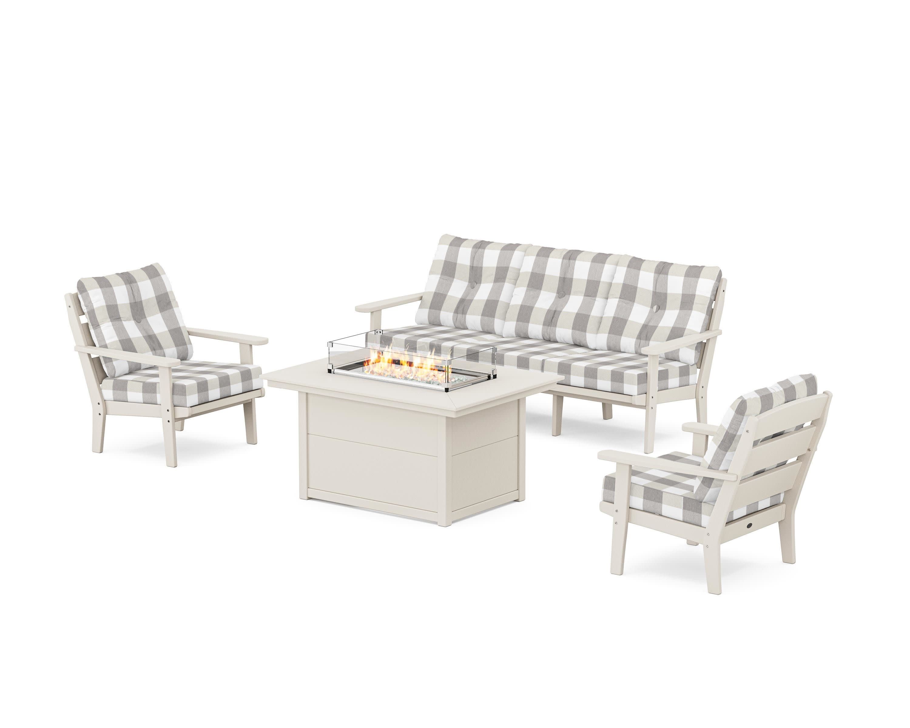 Lakeside Deep Seating Fire Pit Table Set in Sand / Buffalo Plaid Grey Mist