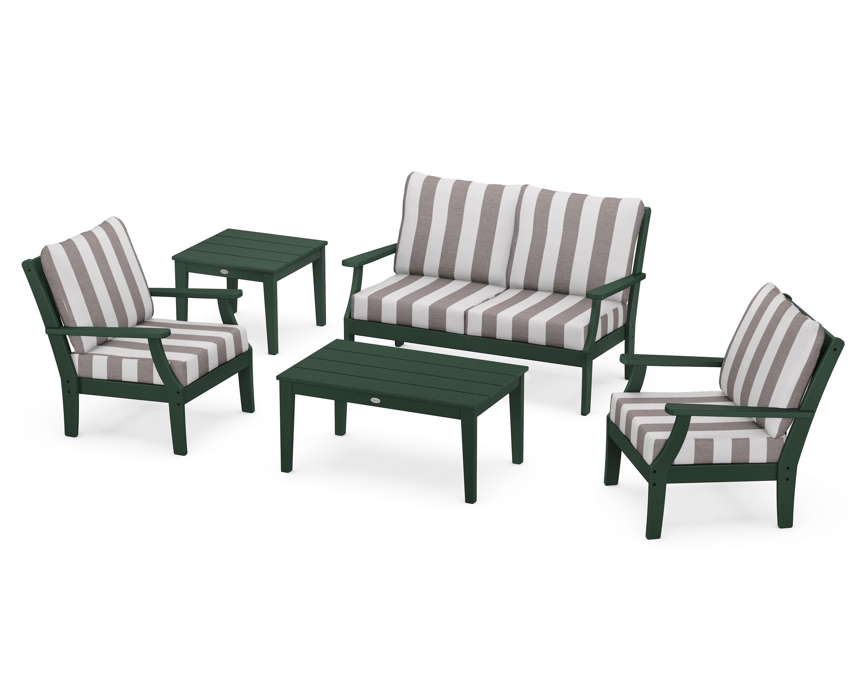 Braxton 5-Piece Deep Seating Set in Green / Cabana Stripe Grey Mist