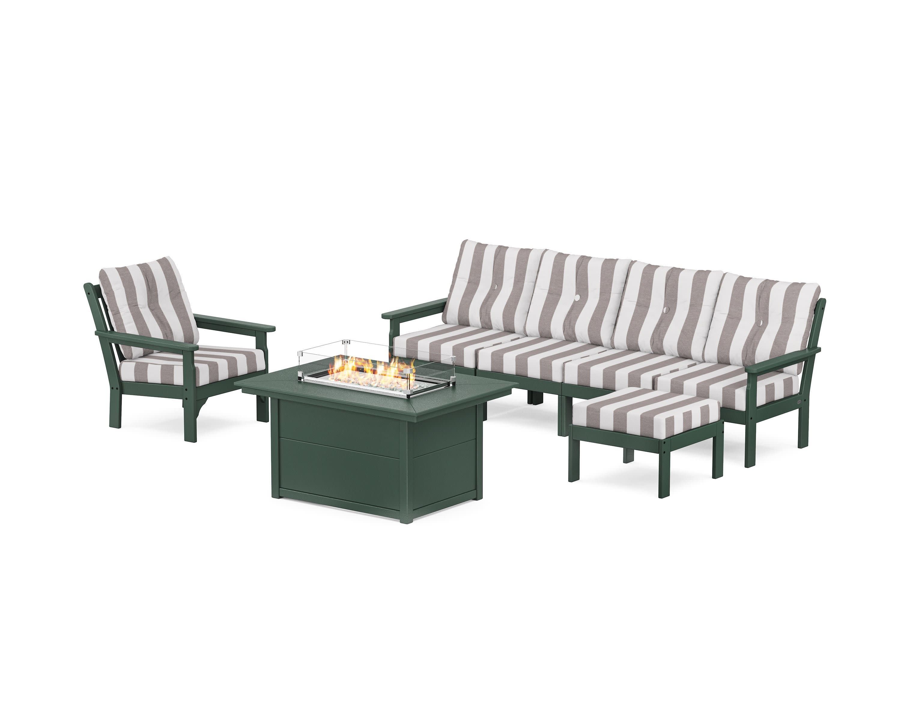 Vineyard Sectional Lounge and Fire Pit Set in Green / Cabana Stripe Grey Mist