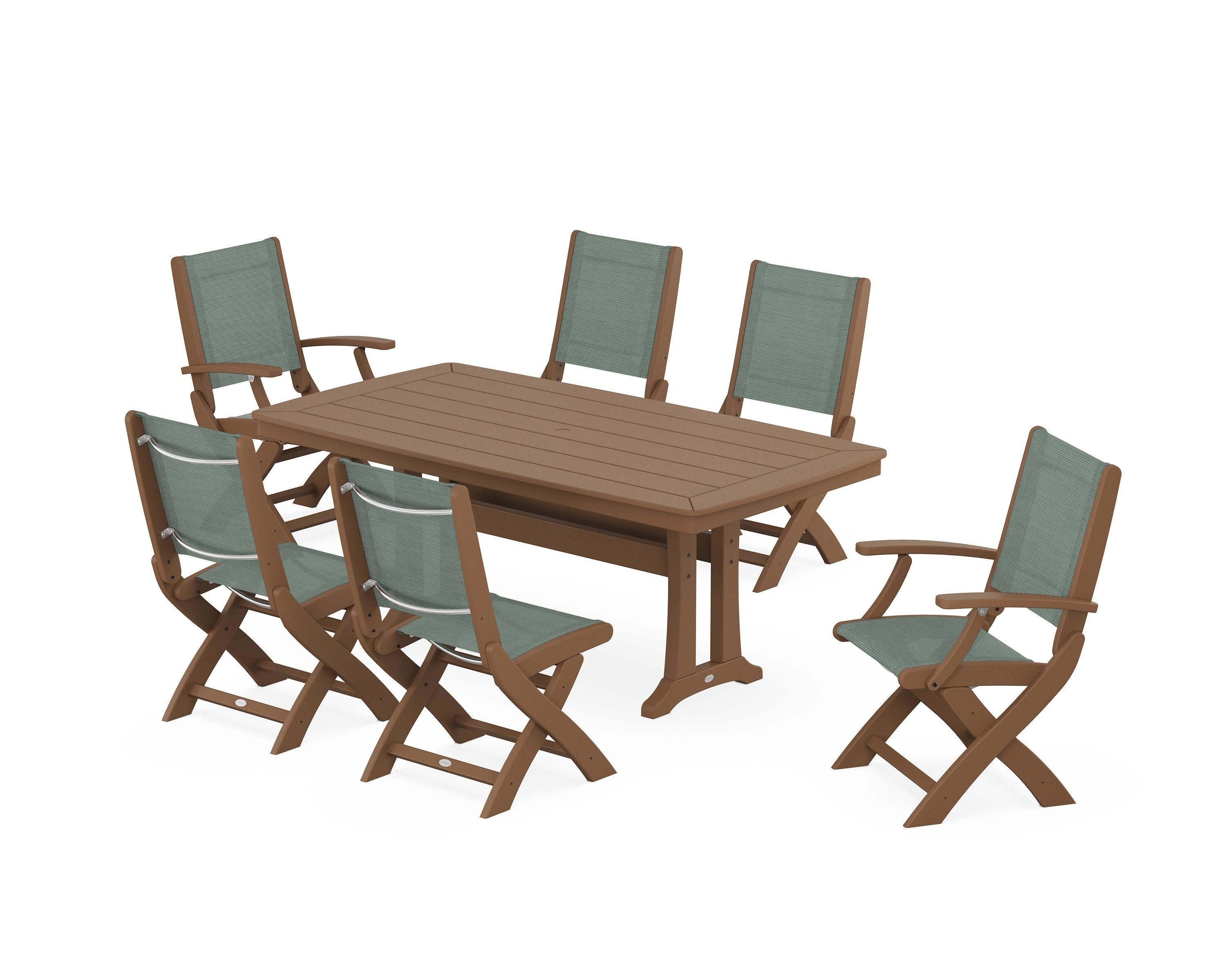 Coastal Folding Chair 7-Piece Dining Set with Trestle Legs in Teak / Dupioni Sea Mist Sling