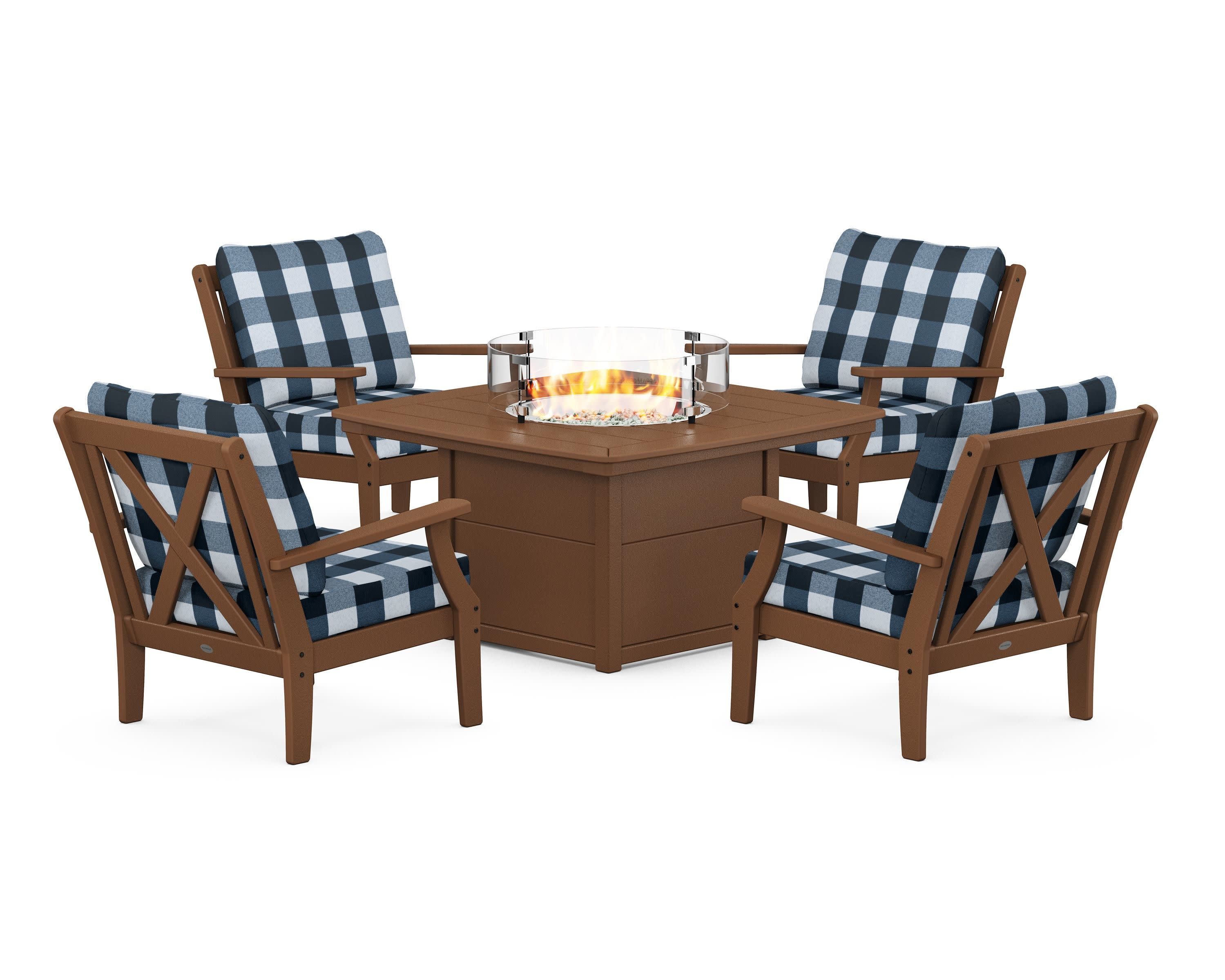 Braxton 5-Piece Deep Seating Conversation Set with Fire Pit Table in Teak / Buffalo Plaid Marine Indigo