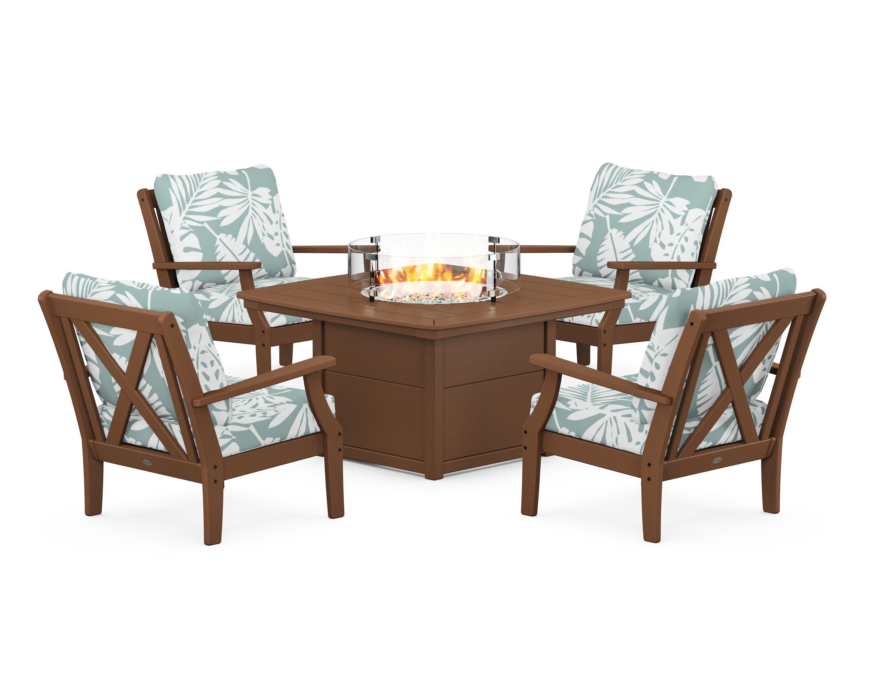 Braxton 5-Piece Deep Seating Conversation Set with Fire Pit Table in Teak / Leaf Glacier Spa