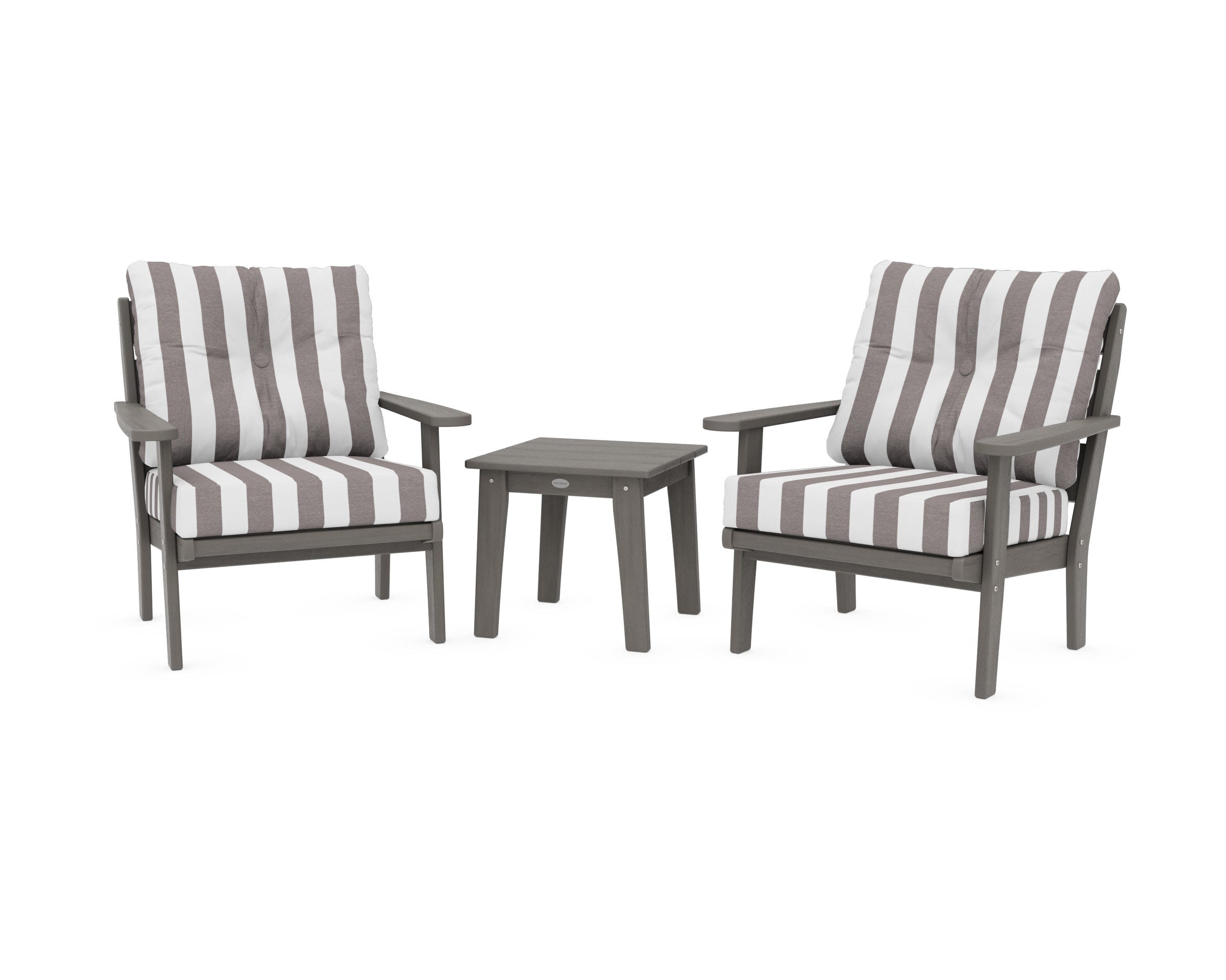Lakeside 3-Piece Deep Seating Chair Set in Driftwood / Cabana Stripe Grey Mist