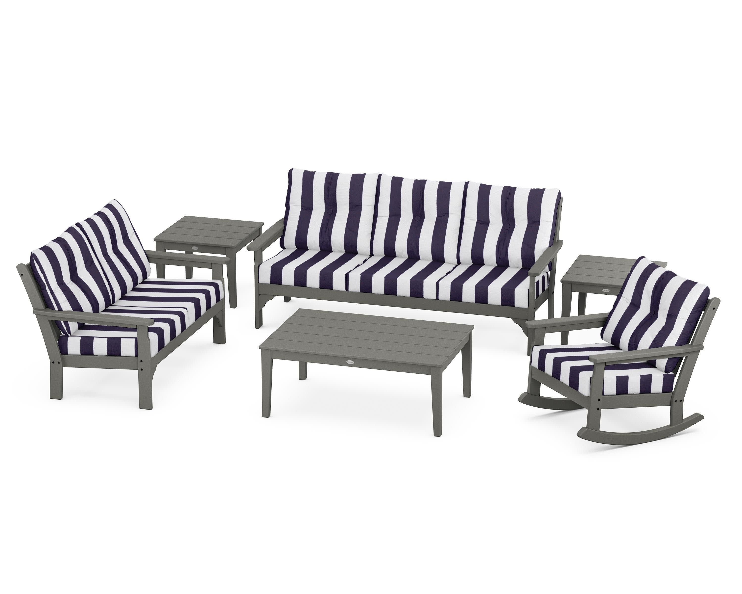 Vineyard 6-Piece Deep Seating Set in Slate Grey / Cabana Stripe Navy