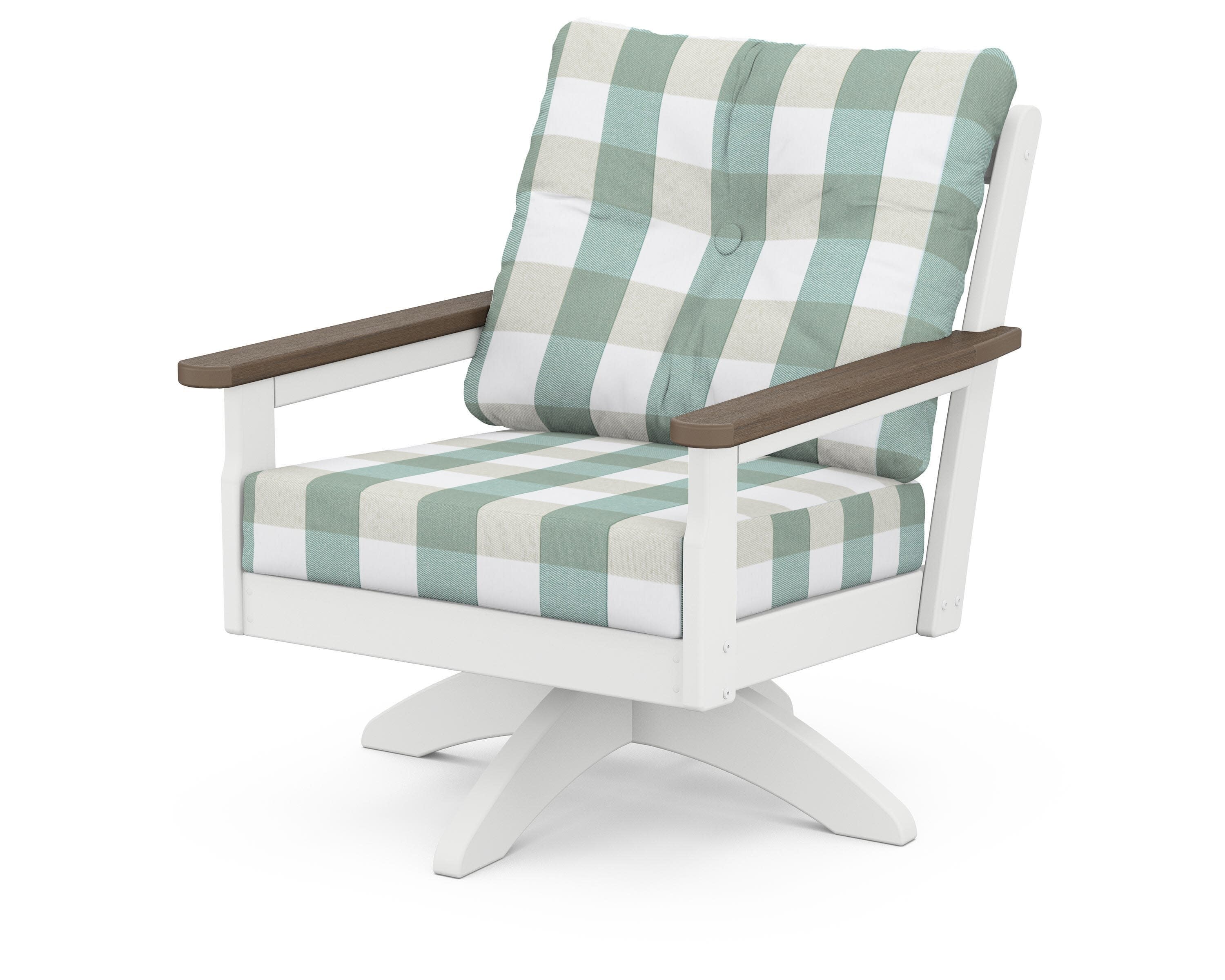 Vineyard Deep Seating Swivel Chair in White / Kona / Buffalo Plaid Glacier Spa