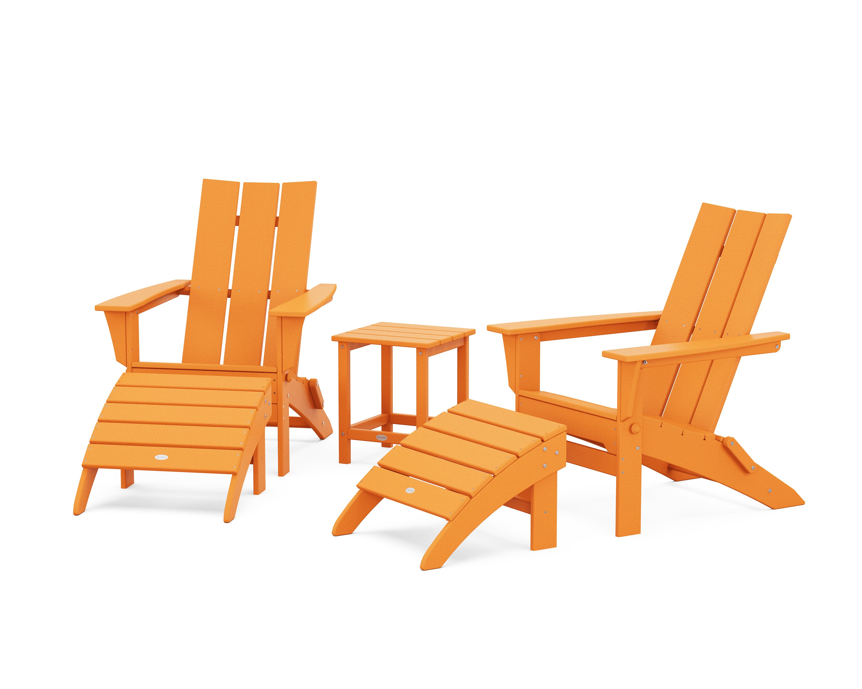 Modern Folding Adirondack Chair 5-Piece Set with Ottomans and 18" Side Table in Tangerine