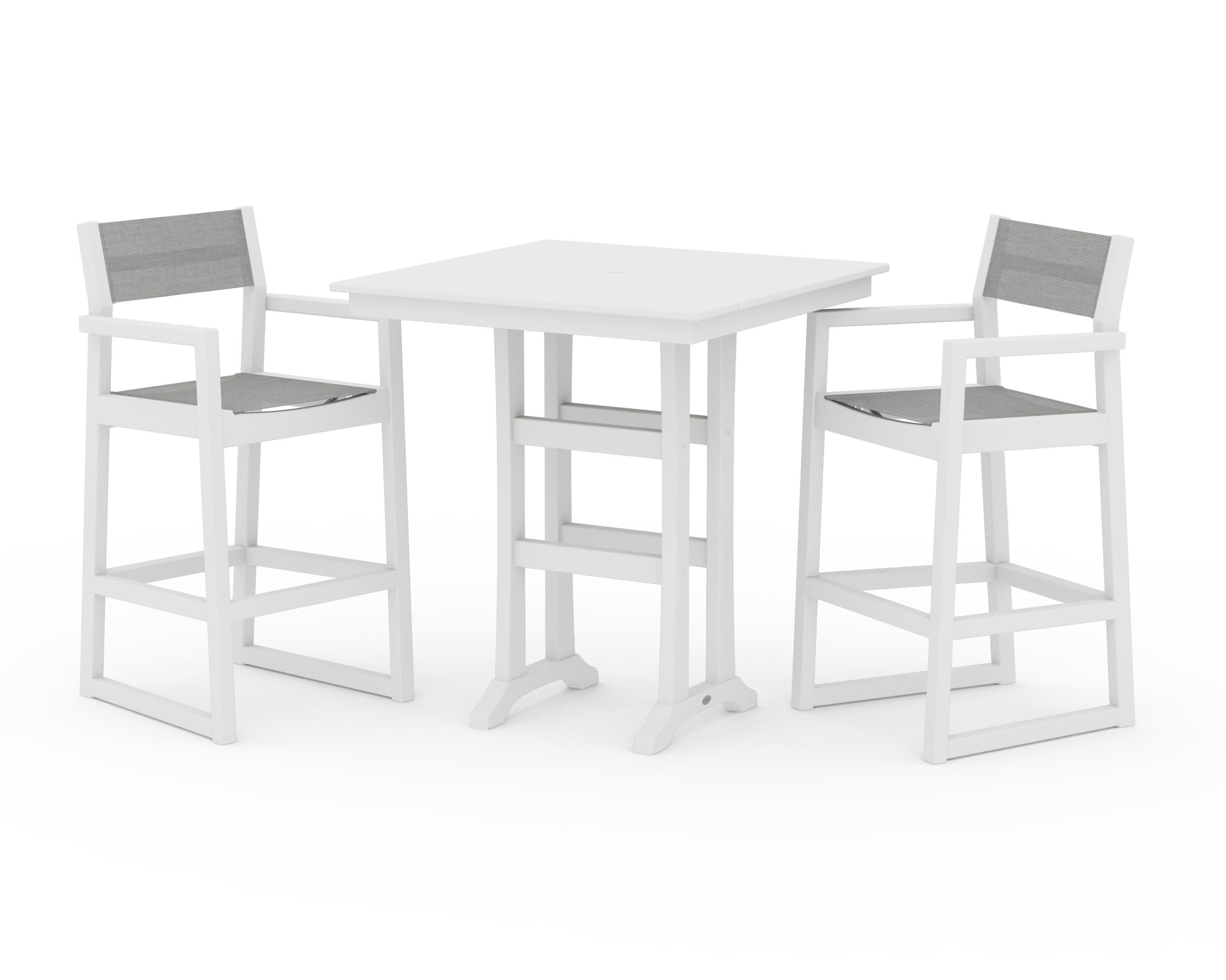 EDGE Sling Arm Chair 3-Piece Farmhouse Bar Set with Trestle Legs in White / Metallic Sling