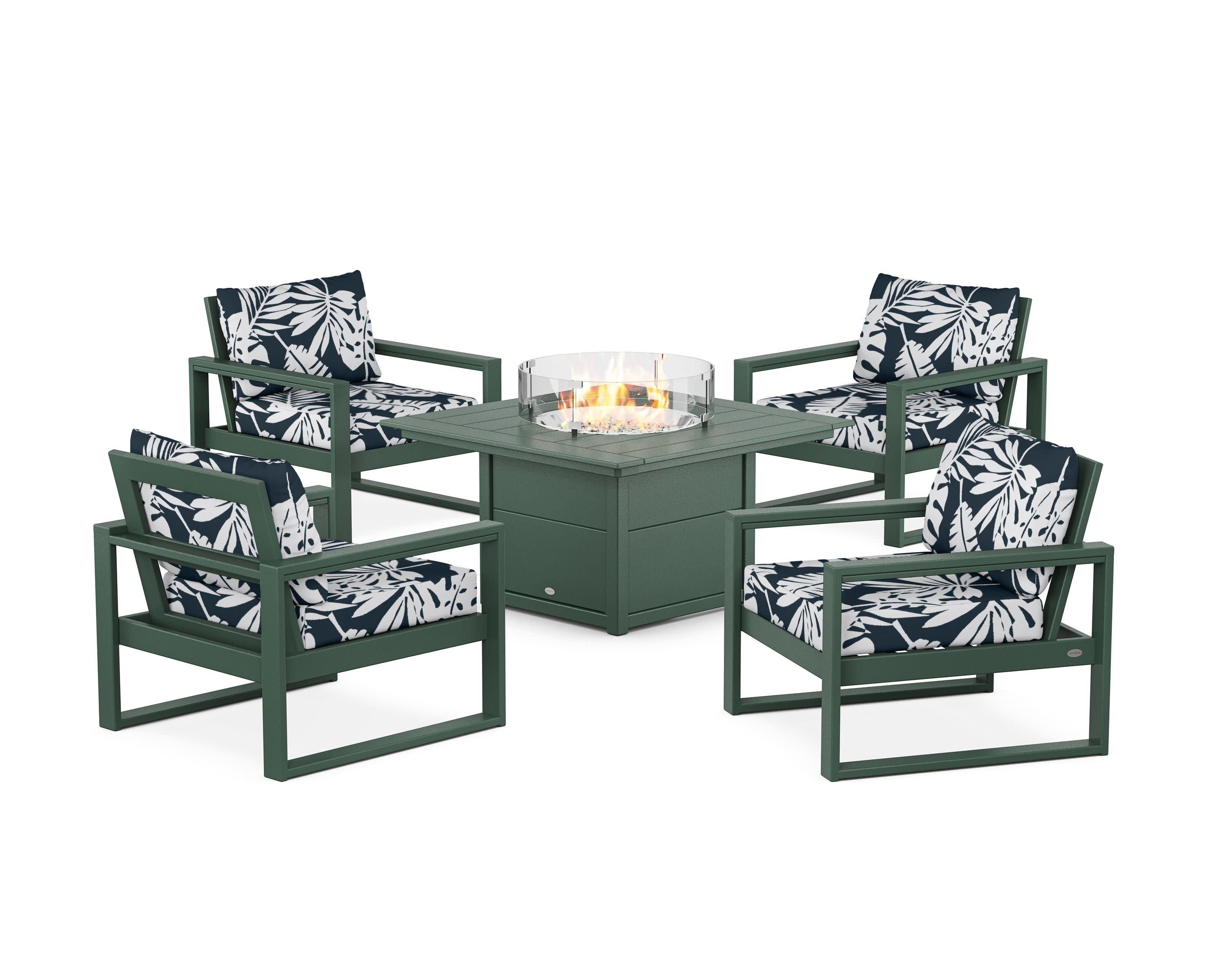 EDGE Sectional 5-Piece Deep Seating Set with Fire Pit Table in Green / Leaf Marine Indigo