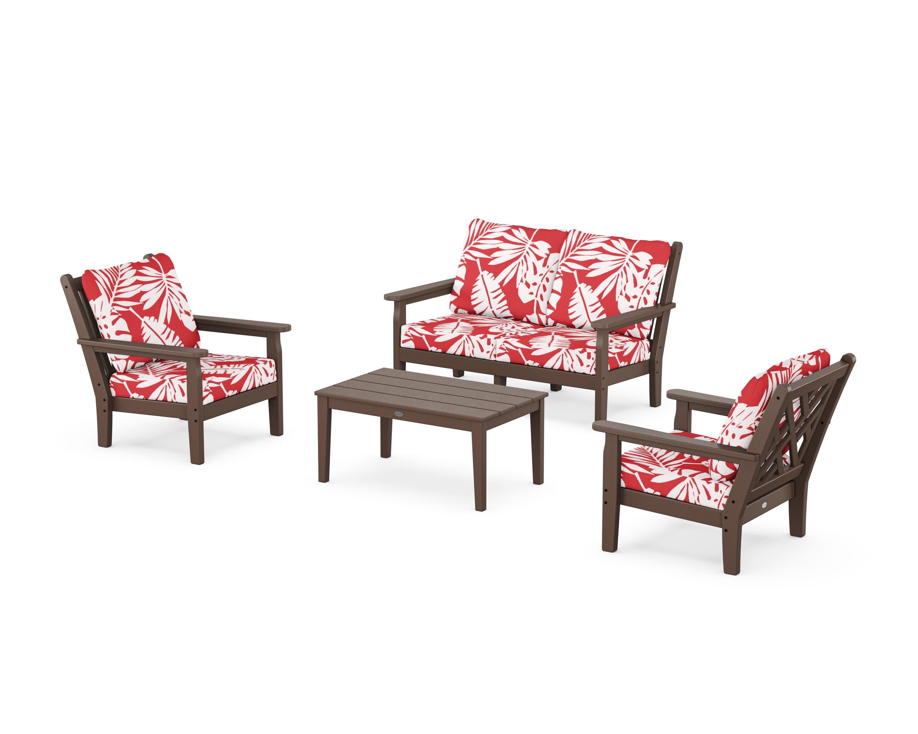 Chippendale 4-Piece Deep Seating Set with Loveseat in Mahogany / Leaf Crimson