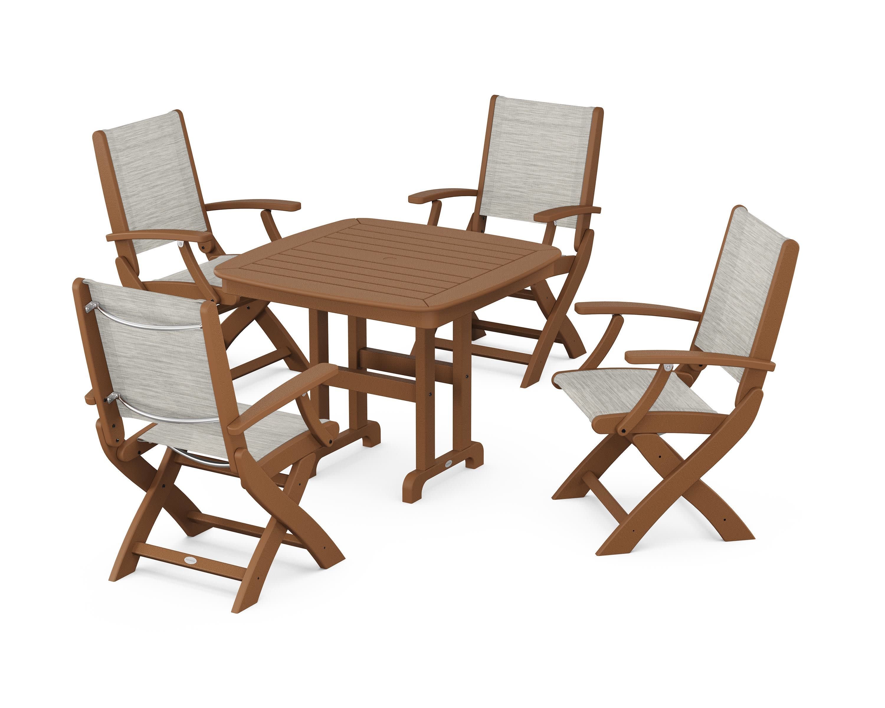Coastal Folding Chair 5-Piece Dining Set in Teak / Birch Sling