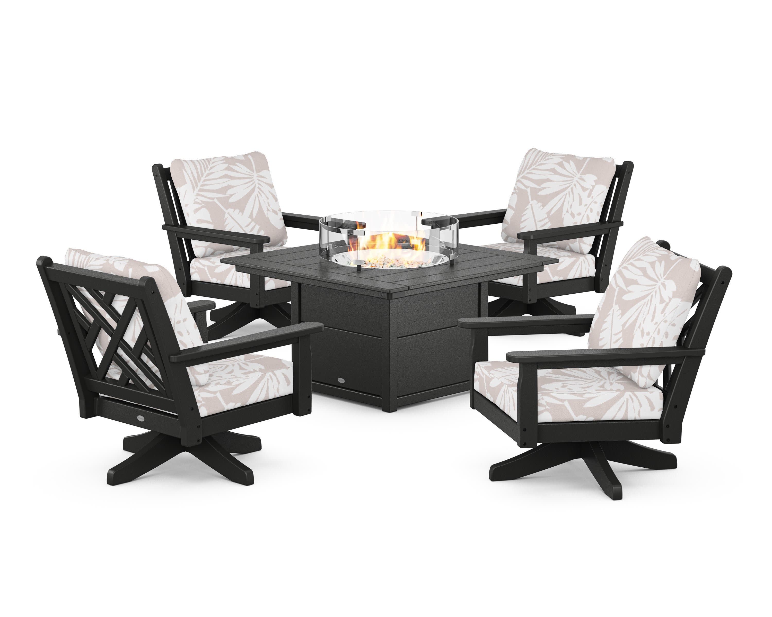Chippendale 5-Piece Deep Seating Swivel Conversation Set with Fire Pit Table in Black / Leaf Dune Burlap