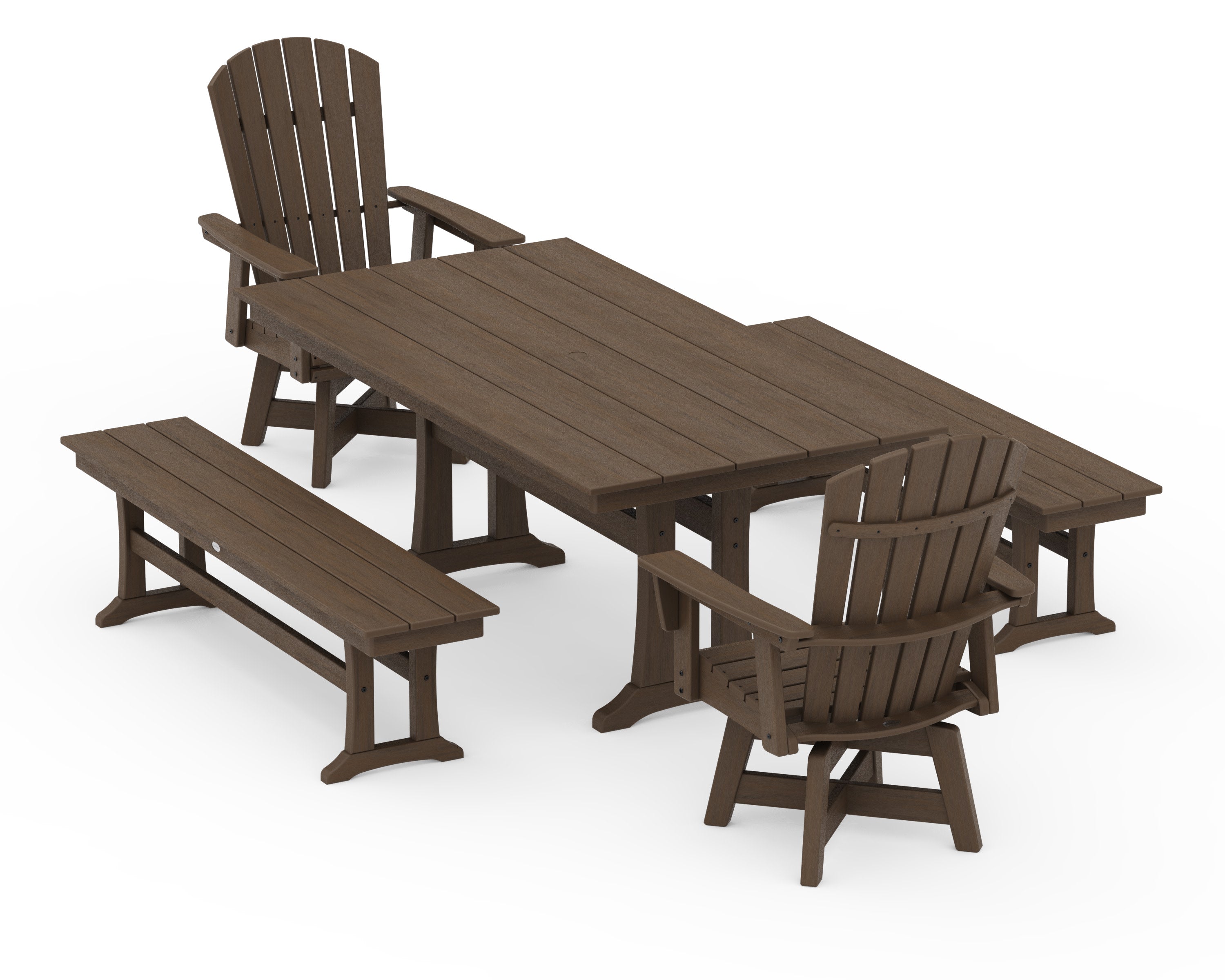 Nautical Curveback Adirondack Swivel Chair 5-Piece Farmhouse Dining Set With Trestle Legs and Benches in Kona