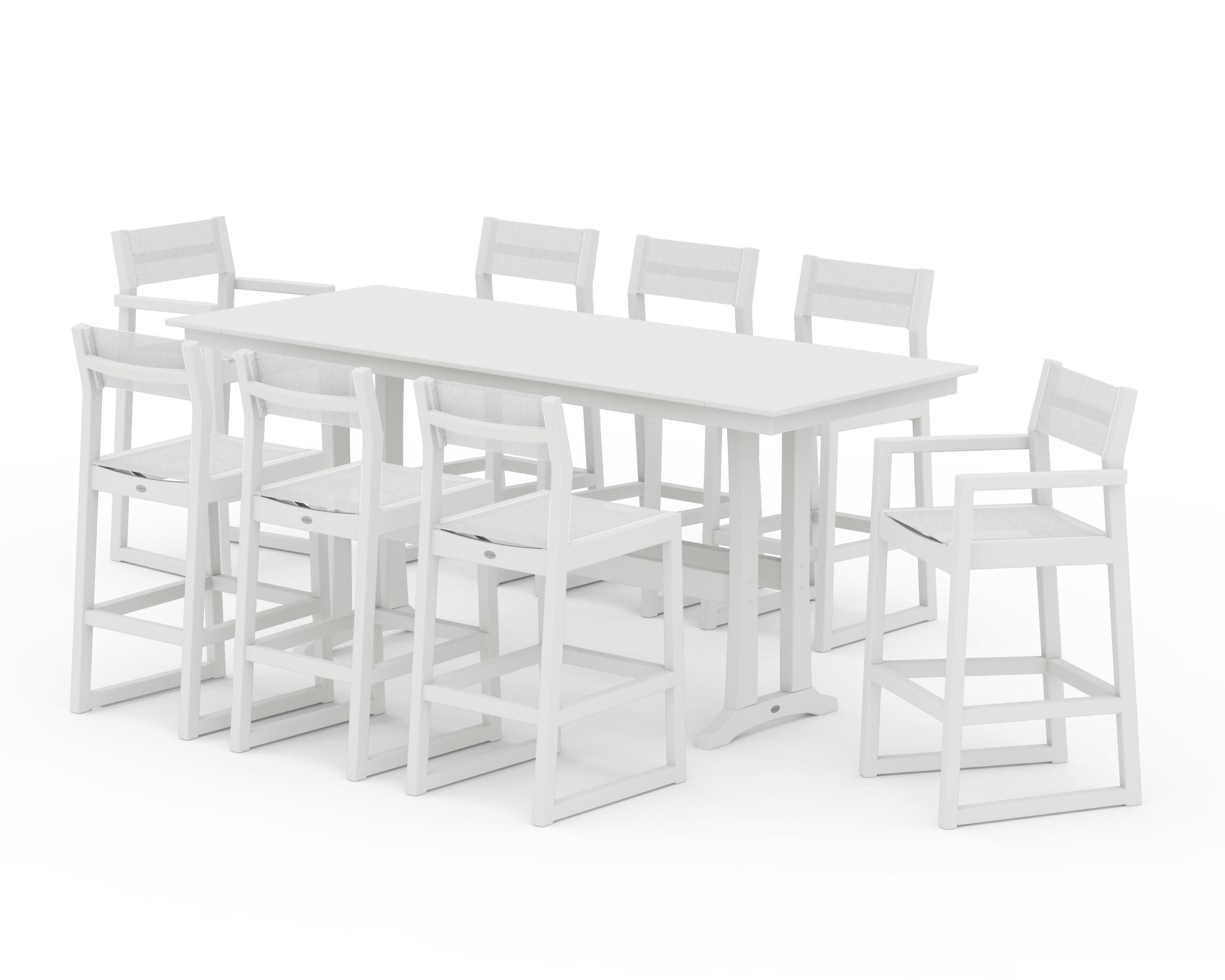 EDGE Sling 9-Piece Farmhouse Bar Set with Trestle Legs in Vintage White / White Sling