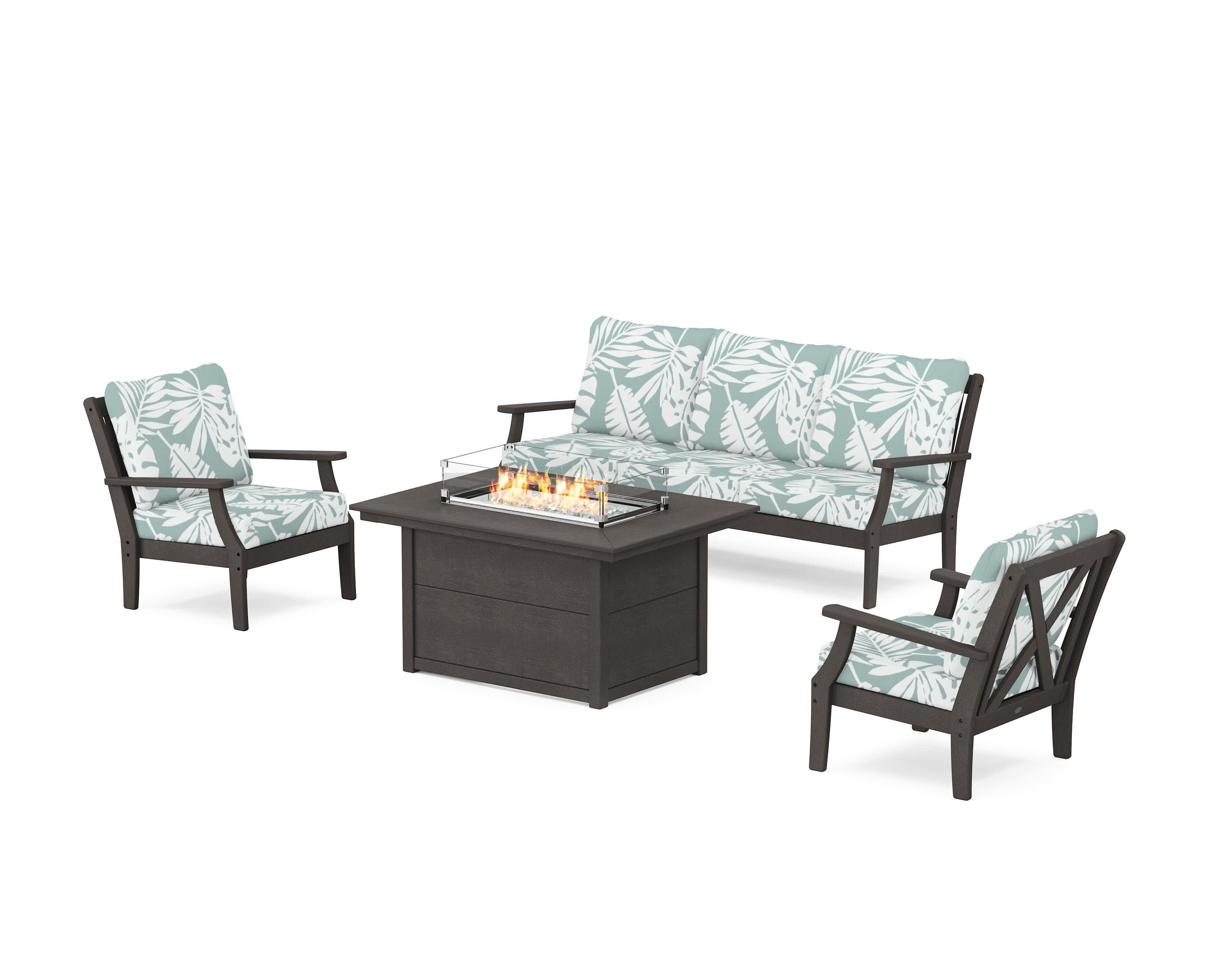 Braxton Deep Seating Fire Pit Table Set in Vintage Coffee / Leaf Glacier Spa