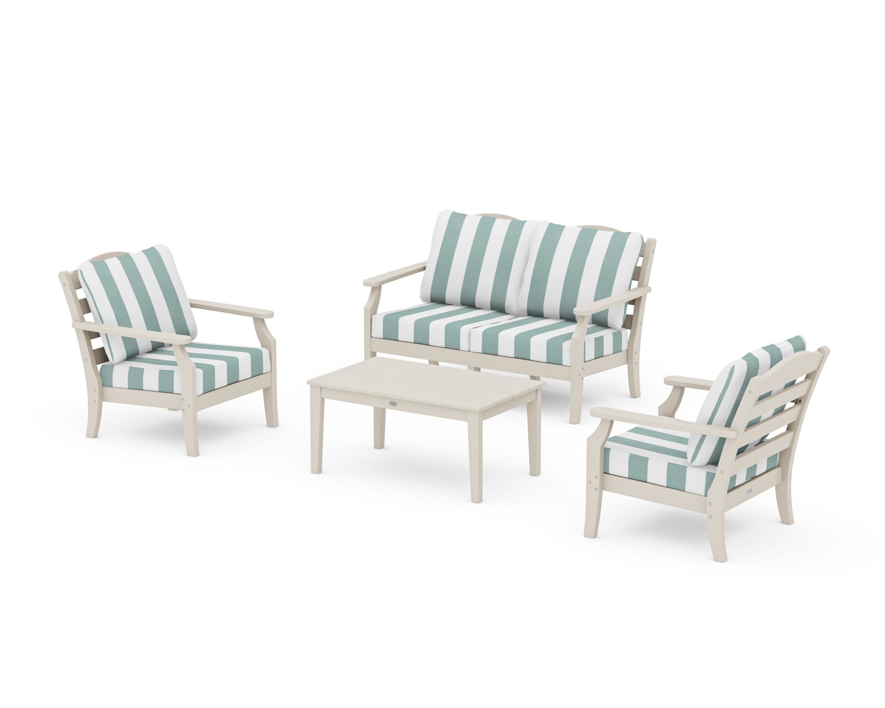 Savannah 4-Piece Deep Seating Set with Loveseat in Sand / Cabana Stripe Glacier Spa