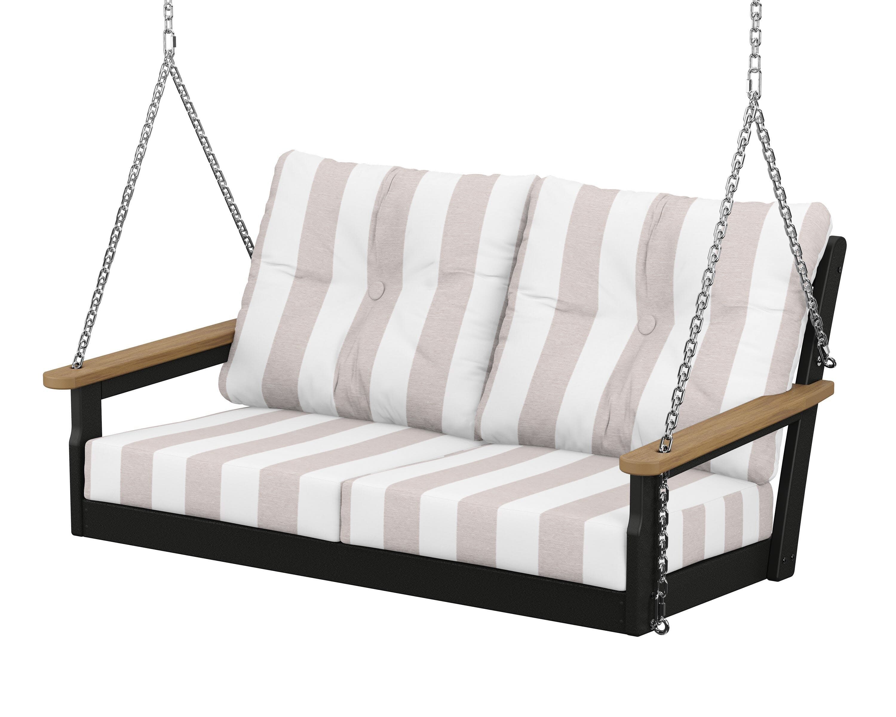 Vineyard Deep Seating Swing in Black / Natural / Cabana Stripe Dune Burlap