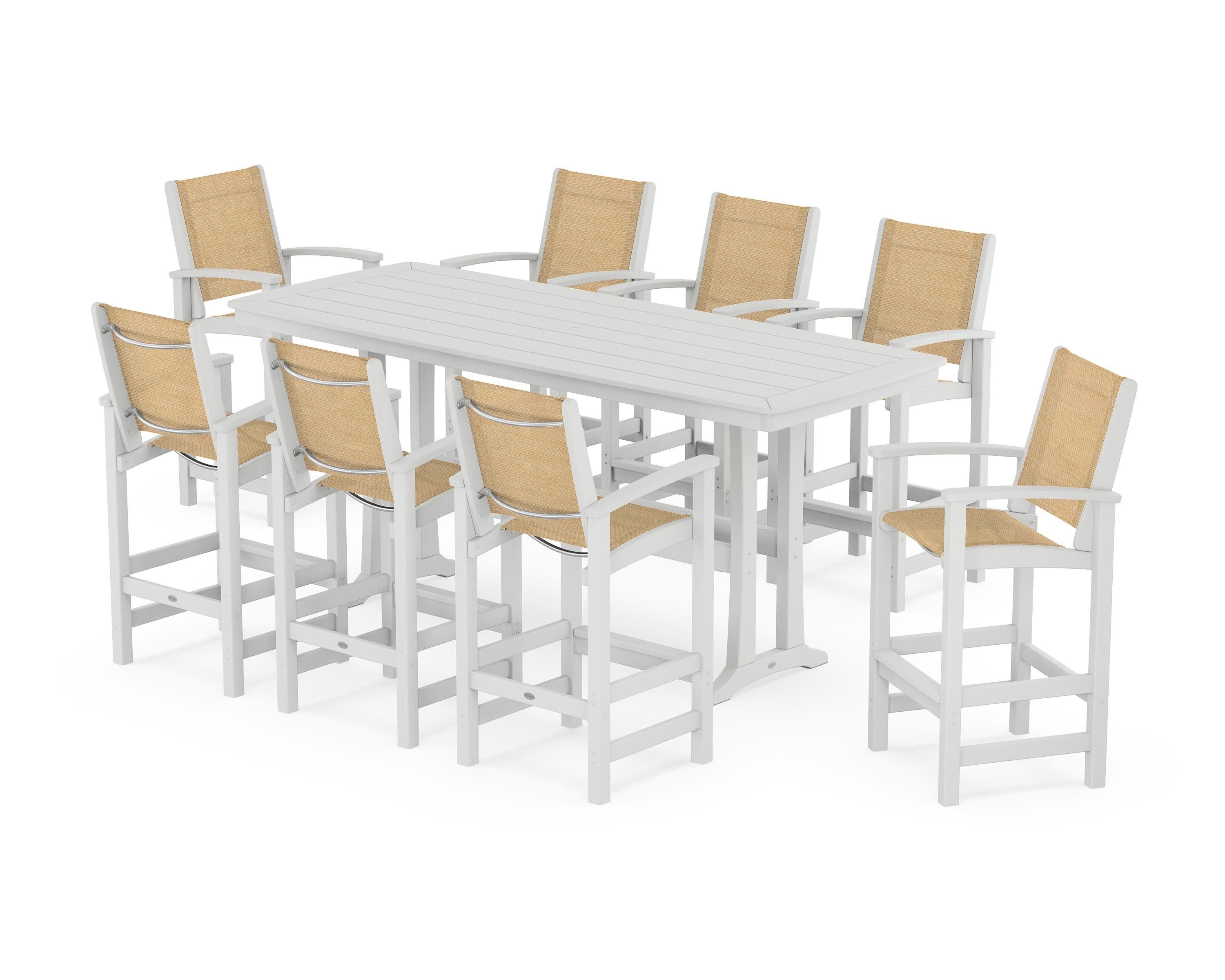 Coastal 9-Piece Bar Set with Trestle Legs in White / Dupioni Apricot Sling