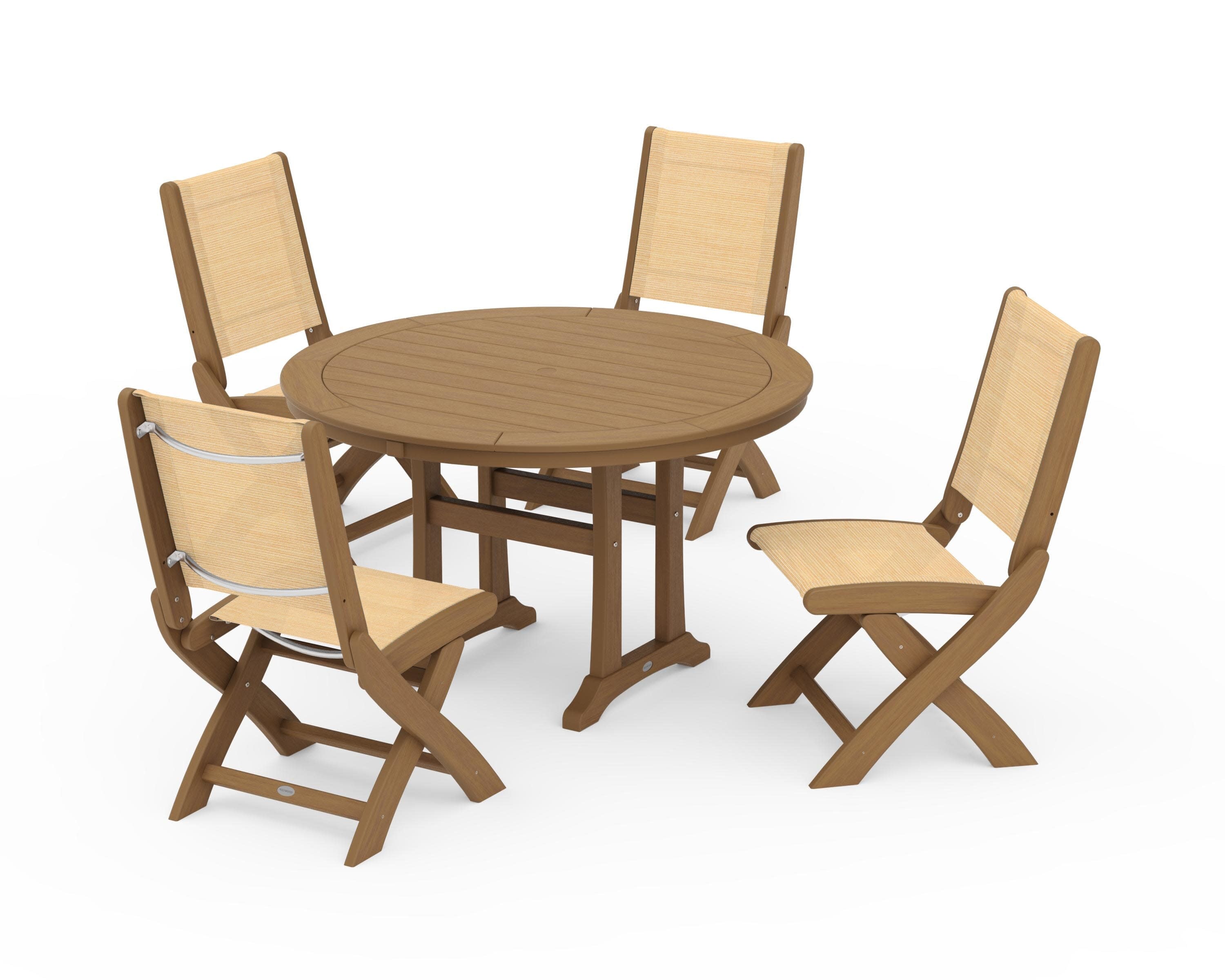 Coastal Folding Side Chair 5-Piece Round Dining Set With Trestle Legs in Natural / Dupioni Apricot Sling