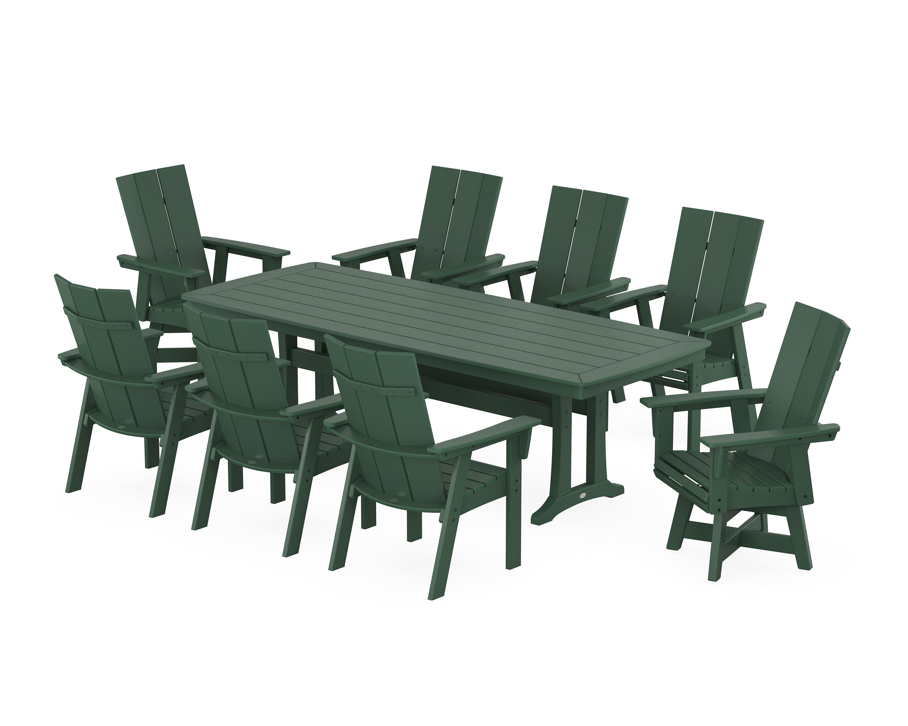 Modern Curveback Adirondack Swivel 9-Piece Dining Set with Trestle Legs in Green